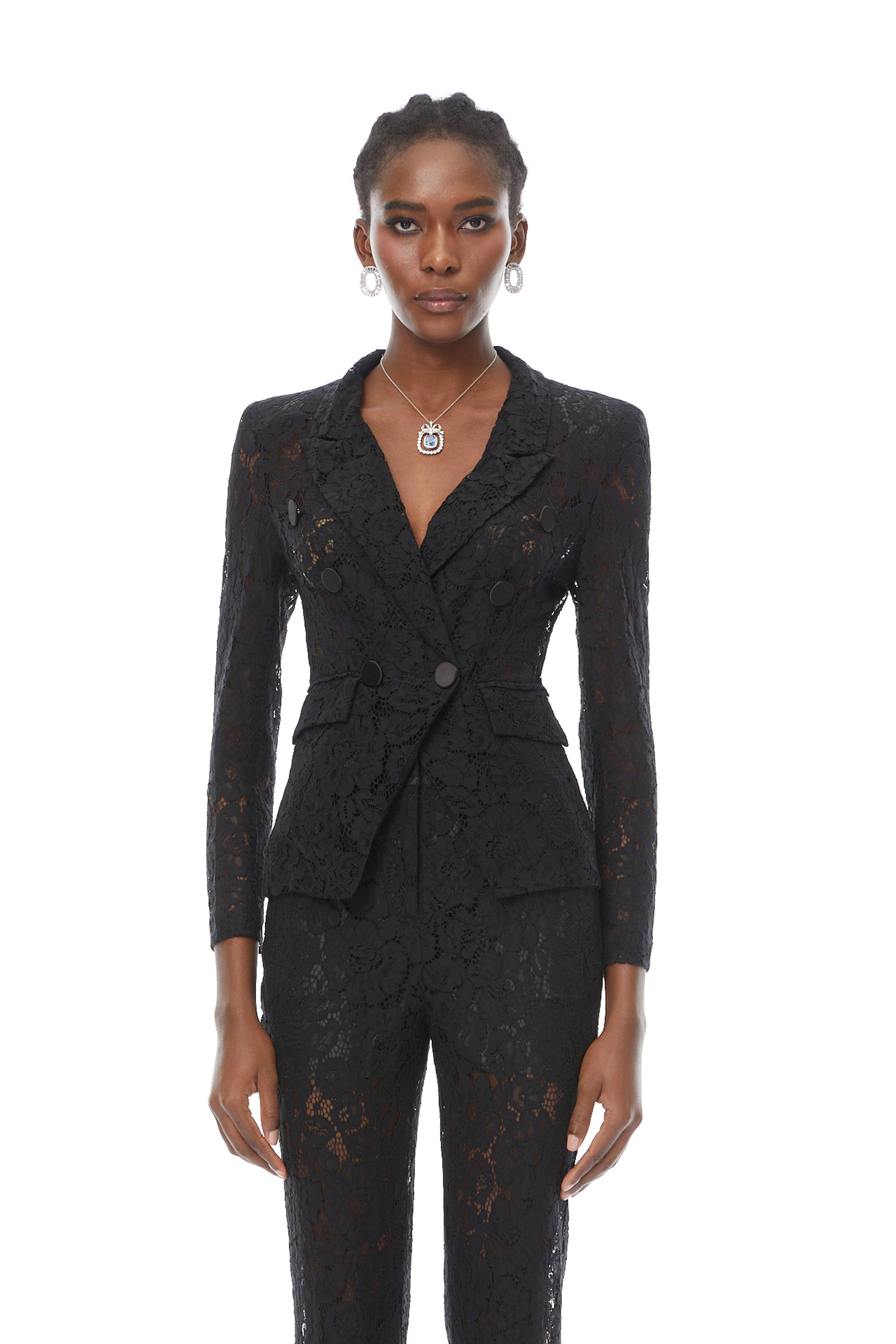Zoé Black Sheer Lace Blazer & Trousers Matching Set