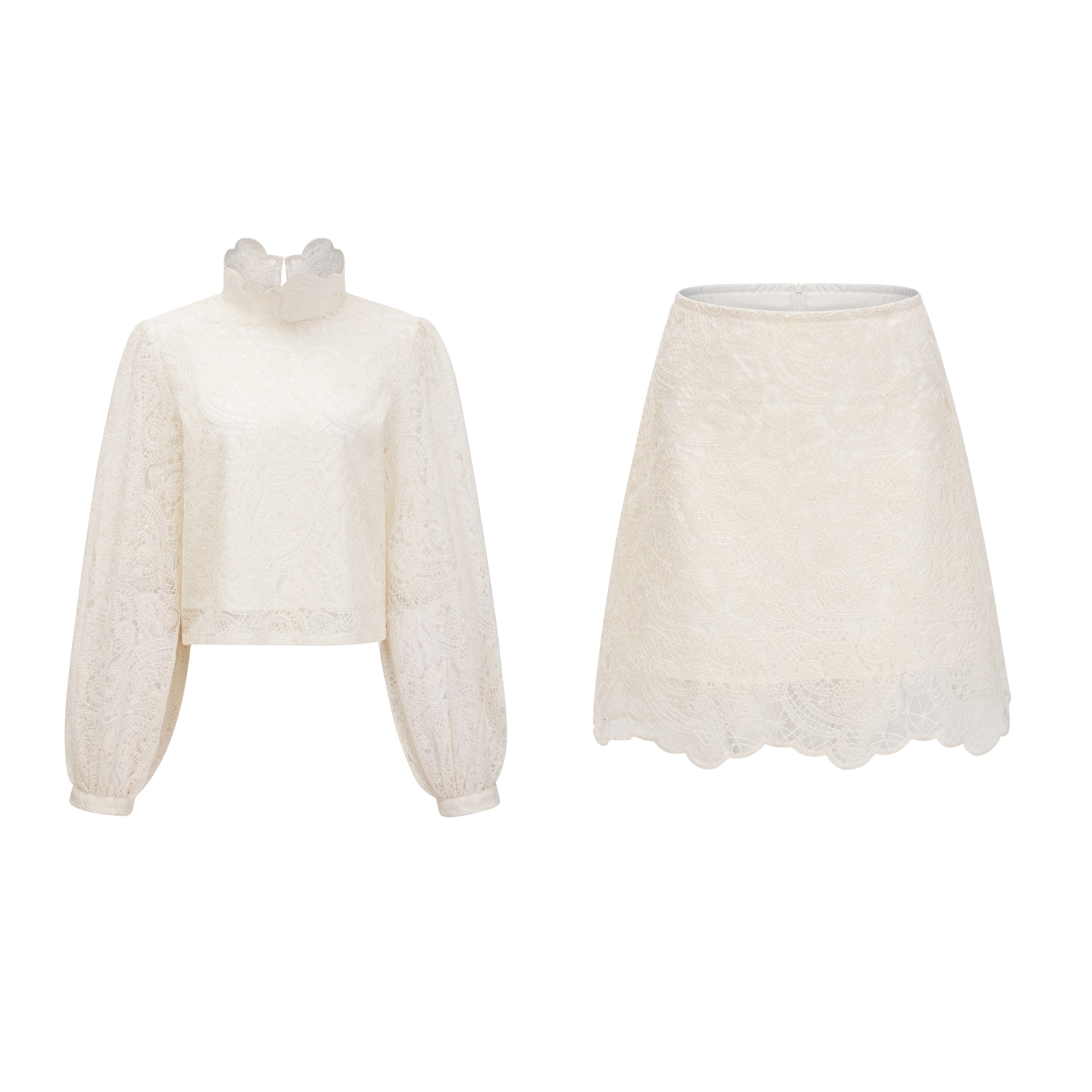 Eulalie Cream White Lace Blouse & Skirt Set