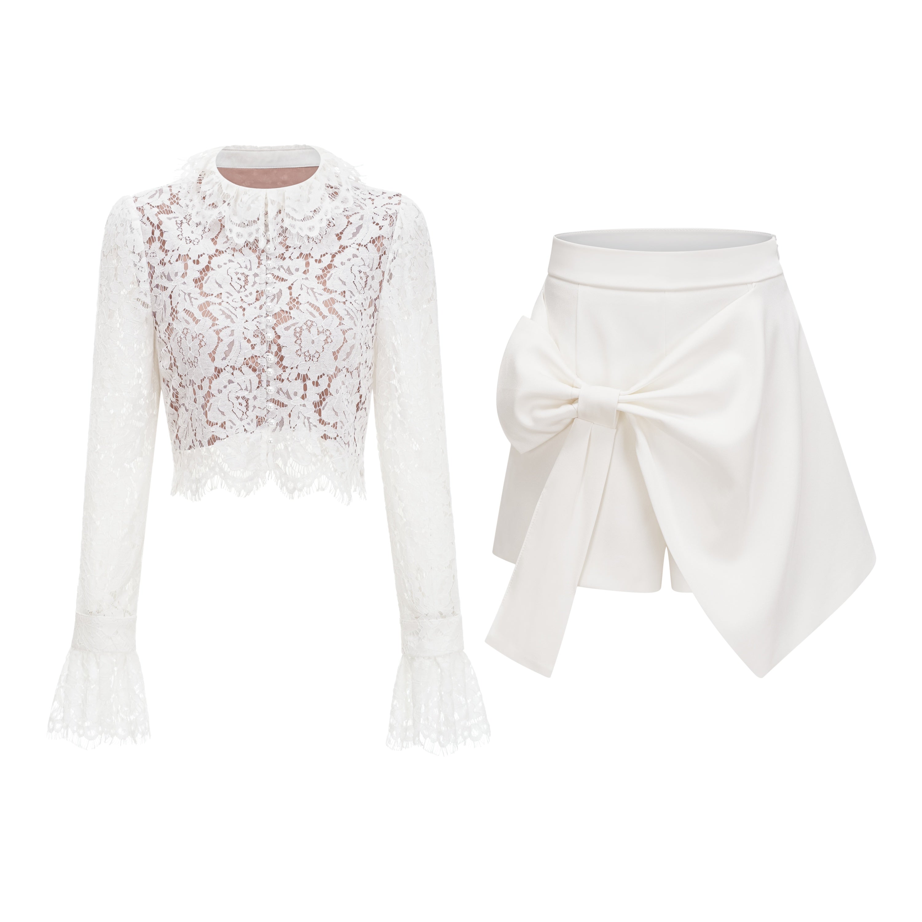 Vesper White High NeckLace Blouse & Skirt Co-ord Set