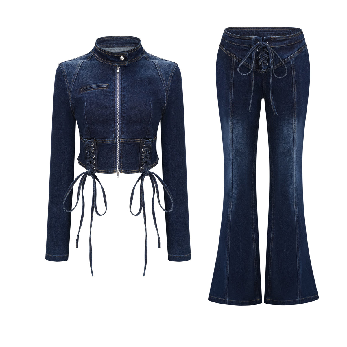 kiona indigo blue denim lace-up co-ord set