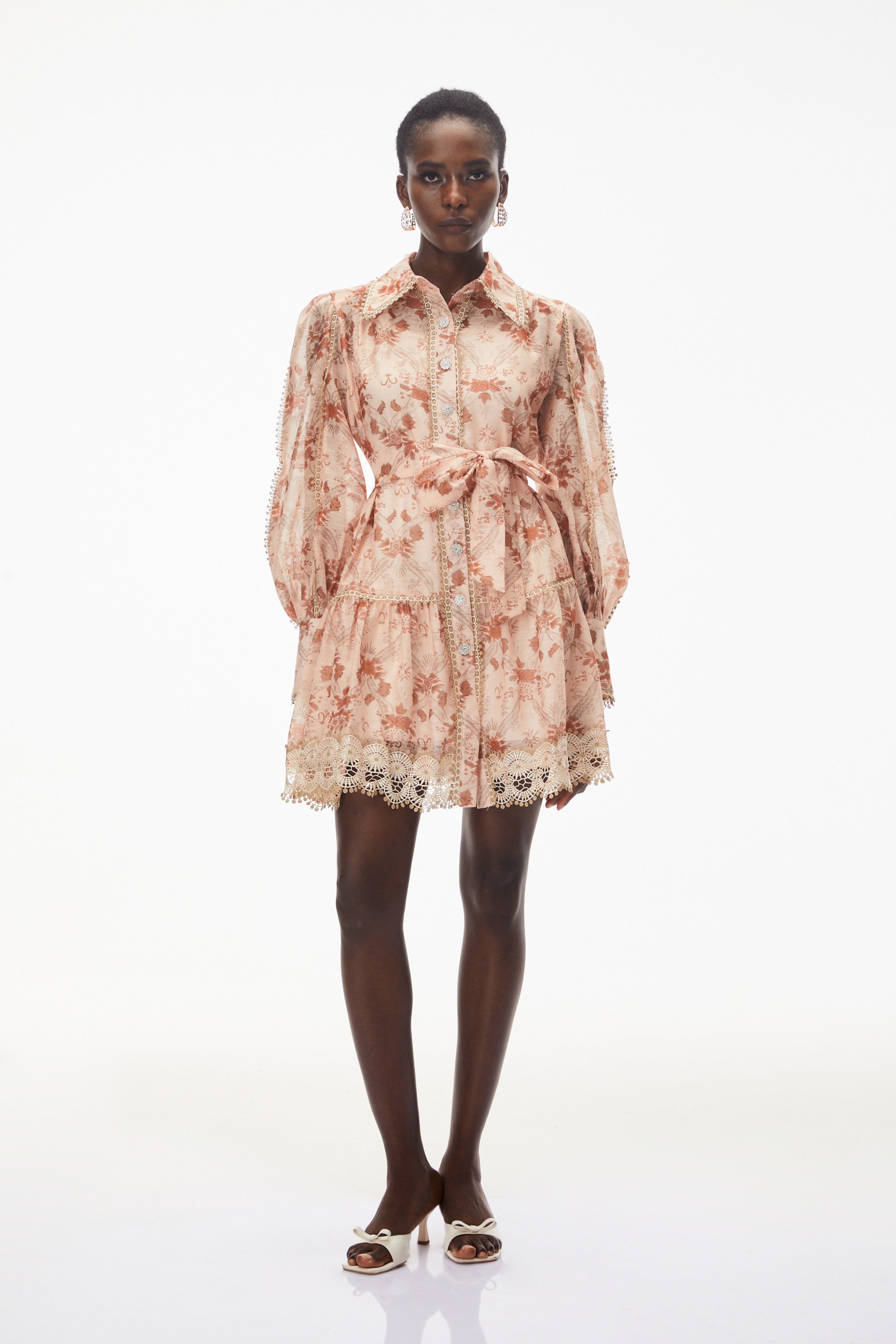Maayan Pink Floral Print Mini Dress with Lace Trim