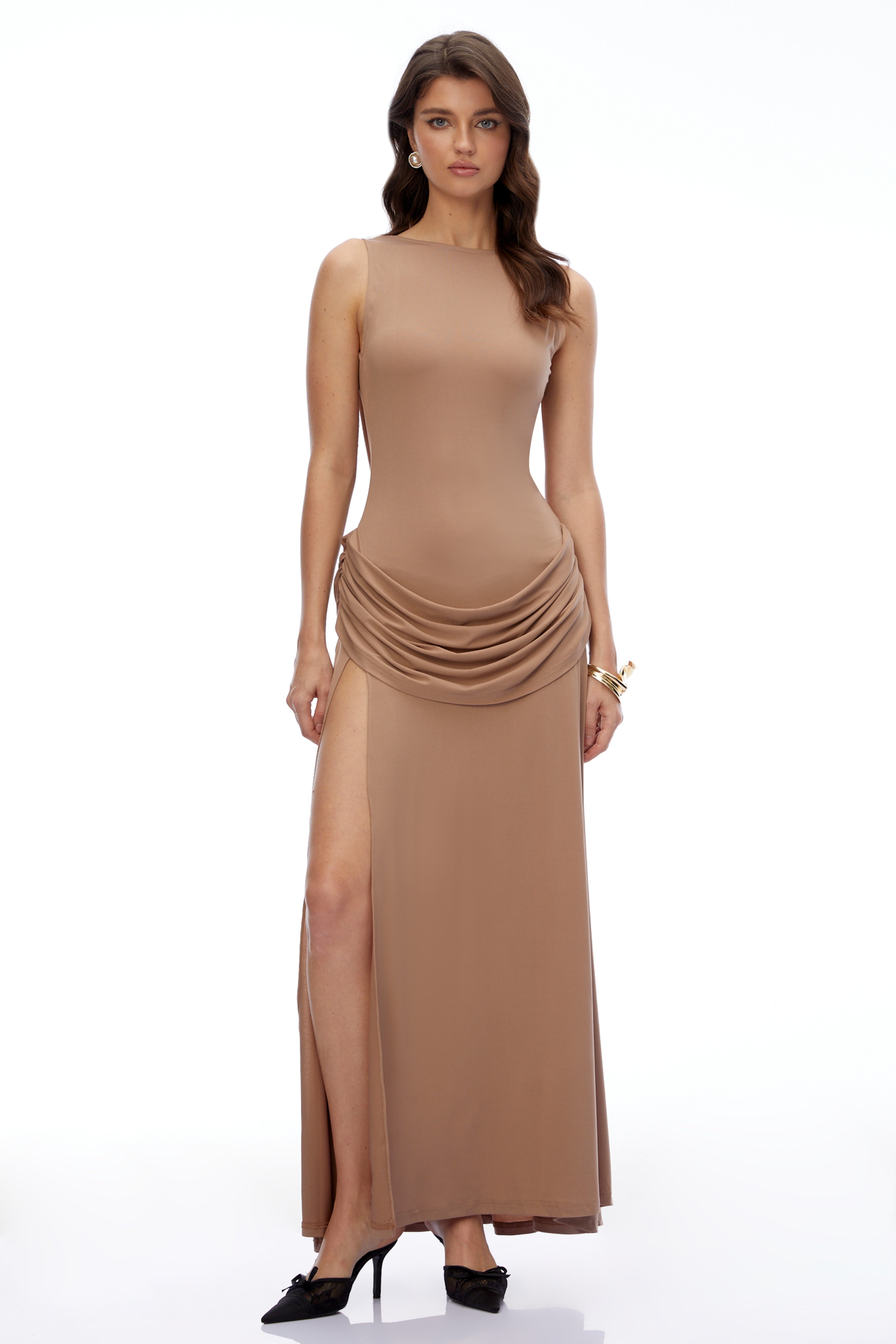 Mabel Khaki Open Back Ruched Slit Maxi Dress
