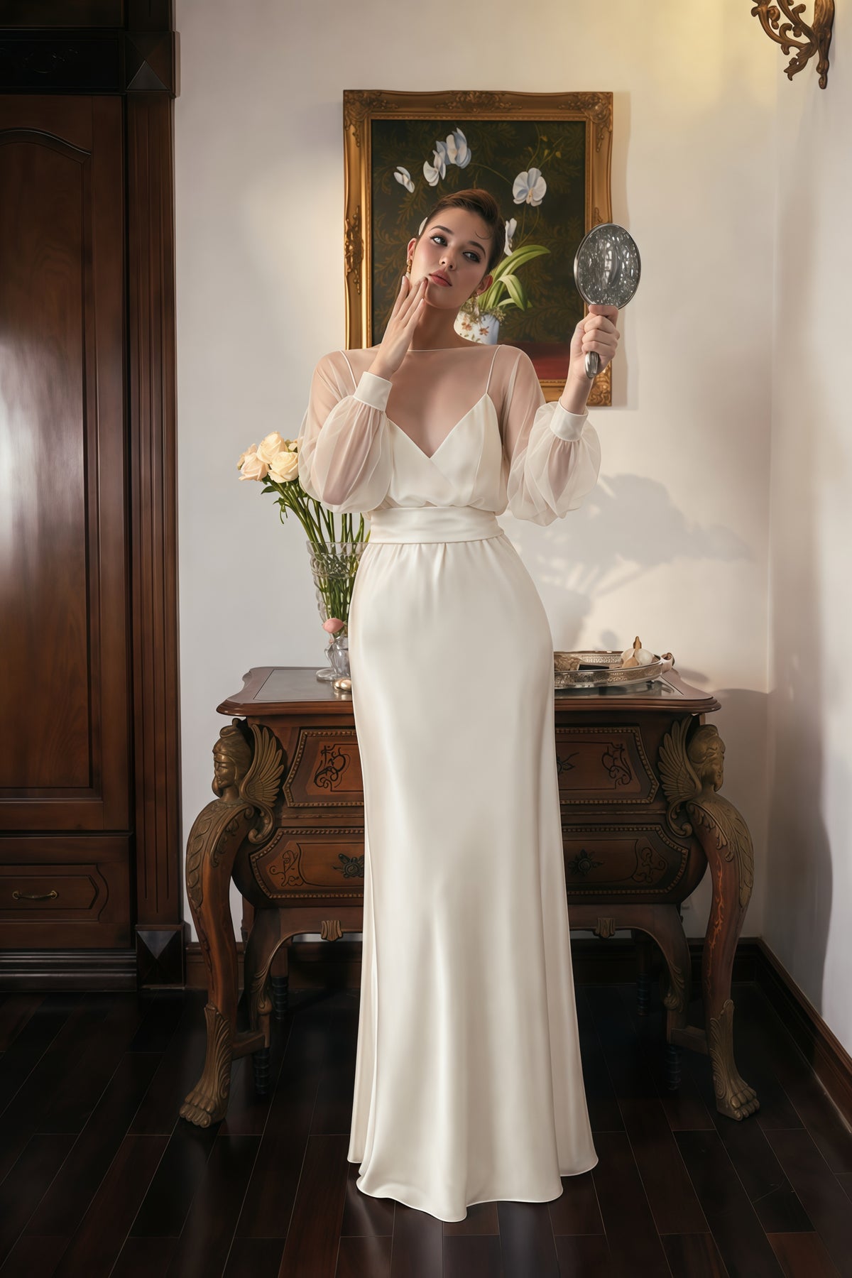 madeleine cream white sheer blouse & satin maxi dress set