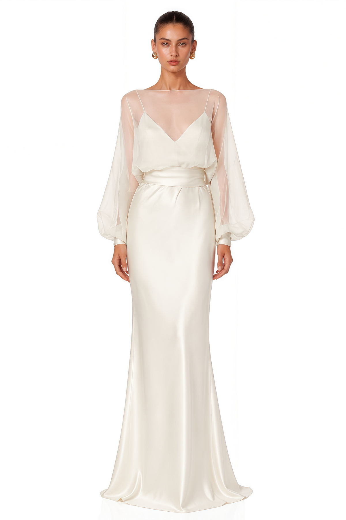 madeleine cream white sheer blouse & satin maxi dress set