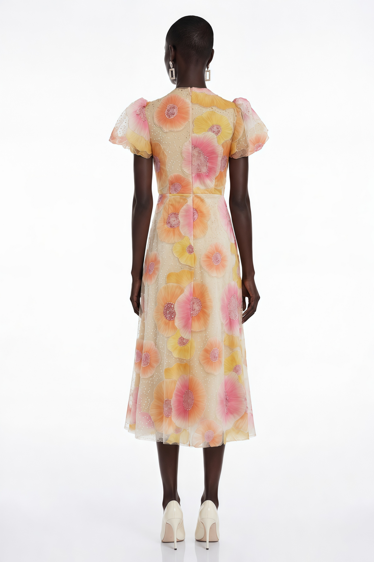 Evangeline Orange Floral Print Midi Dress with Sequins and Rhinestones