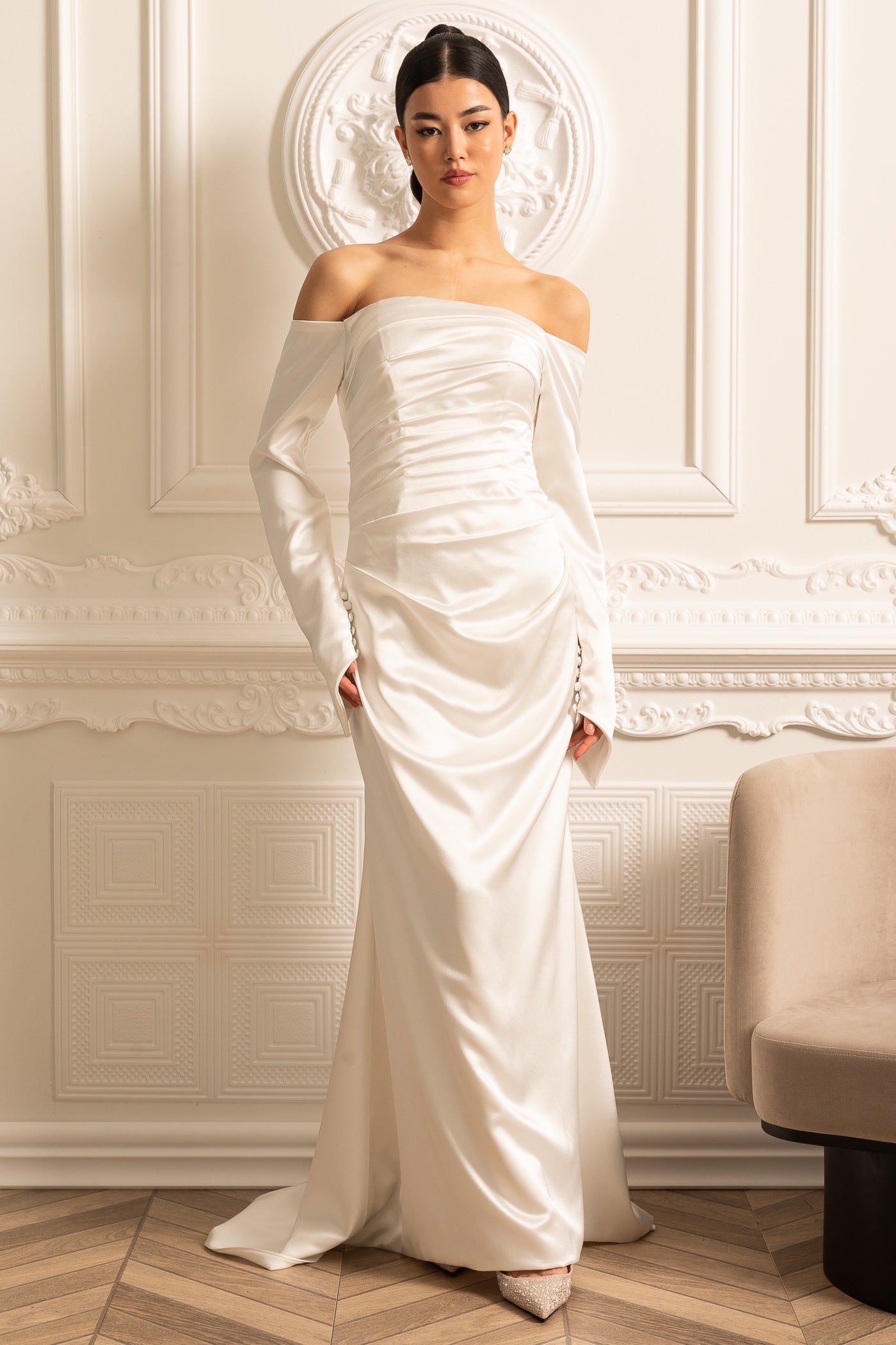 Off-Shoulder Satin Dress With Ruched Design And Draping Skirt - White