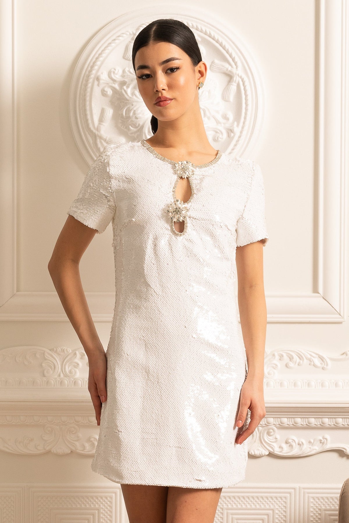 Sequin Mini Dress With Floral Brooches And Sparkling Neckline - White