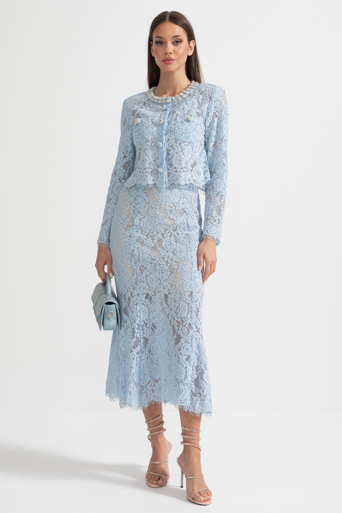 Lace Co-Ord With Sparkling Neckline Embellishments And Midi Skirt - Blue
