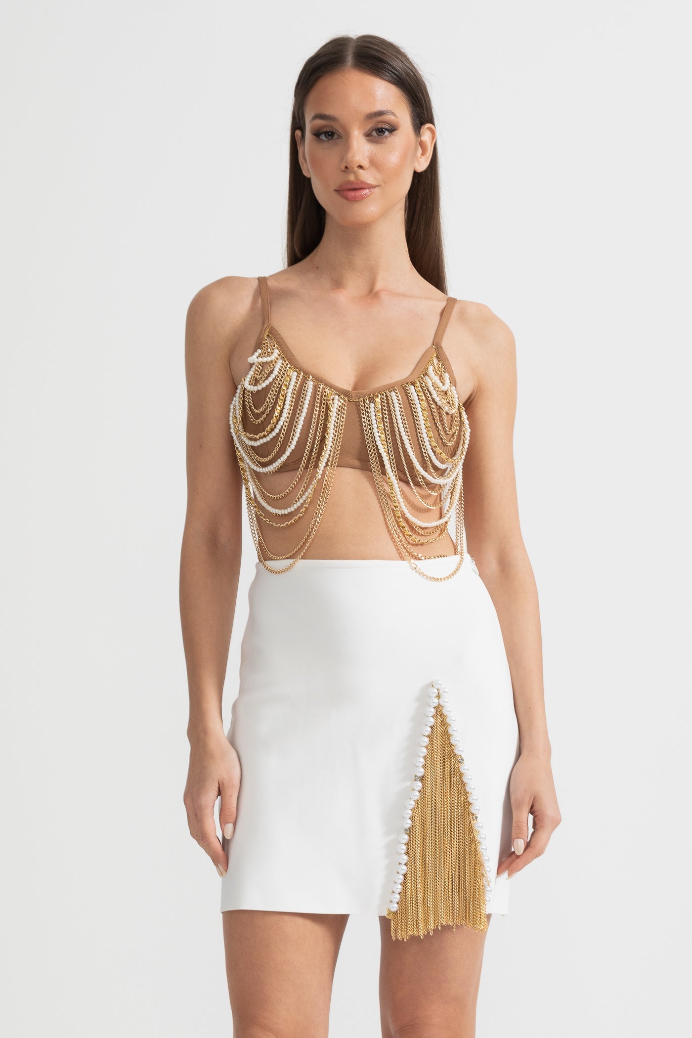 Pearls And Chains Embellished Set With Contrasting Top And Mini Skirt - Gold/White