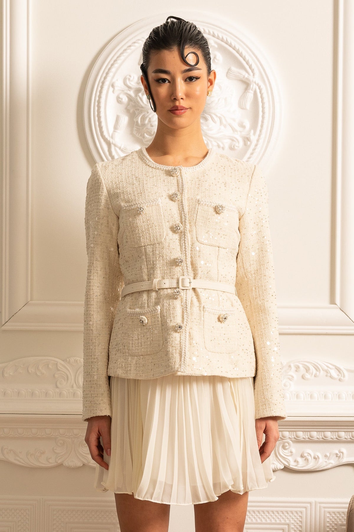 Textured Mini Dress With Pockets And Sheer Pleated Skirt - Beige