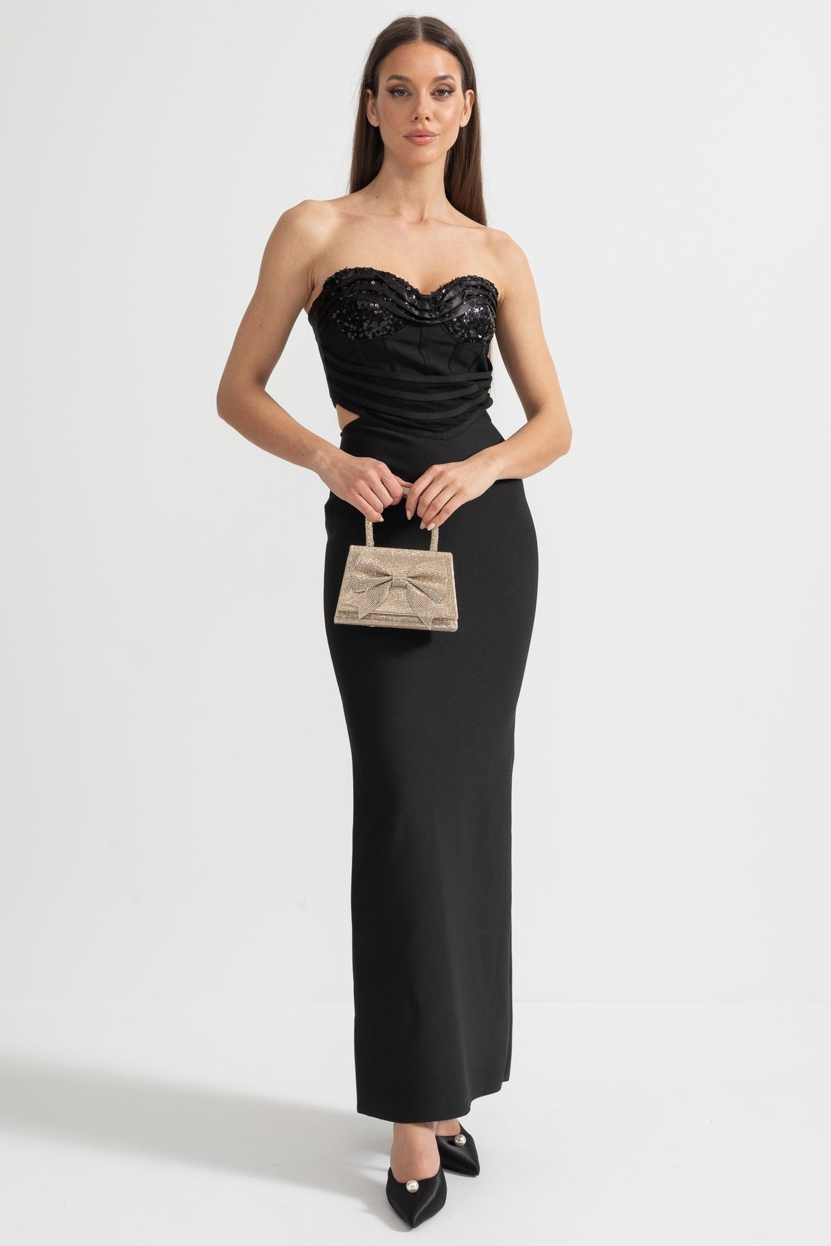 Sequin Bustier and Maxi Skirt Co-Ord Set with Side Cut-Outs - Black