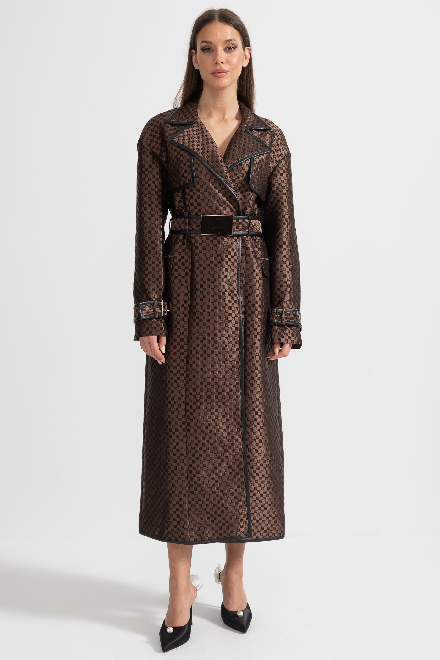 Wide Lapel Trench Coat With Gold Buckle Waist Belt - Brown