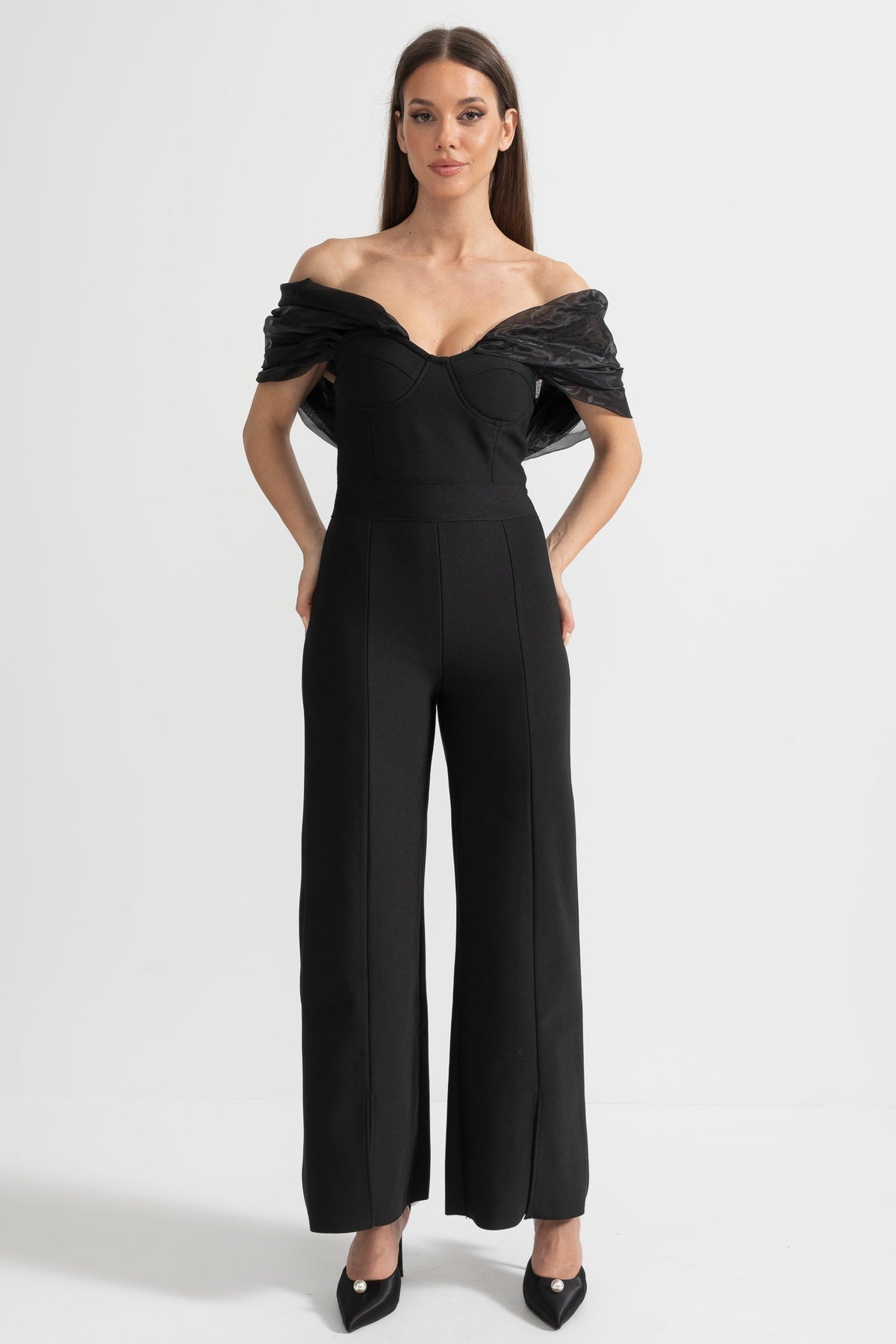 Off-Shoulder Jumpsuit with Draped Sheer Detailing - Black