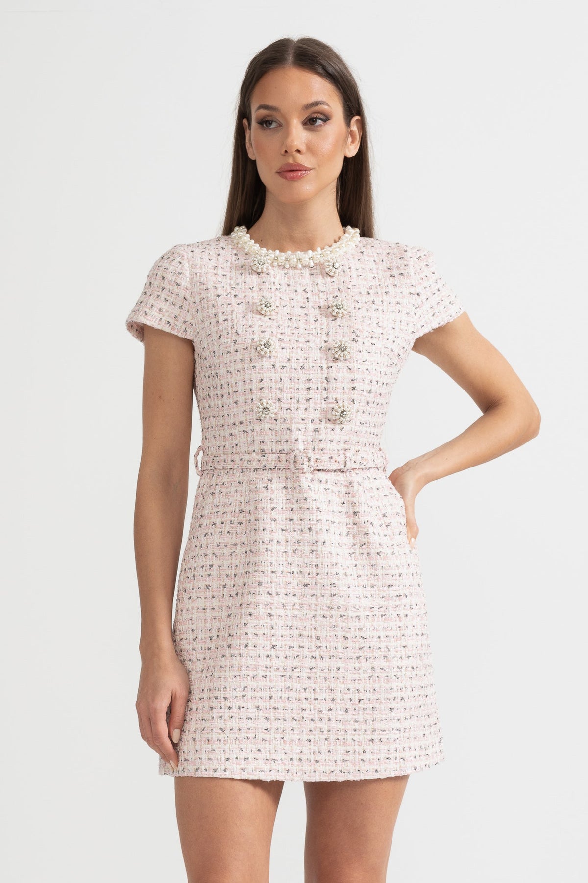Elegant Textured Mini Dress With Short Sleeves And Matching Belt - Pink