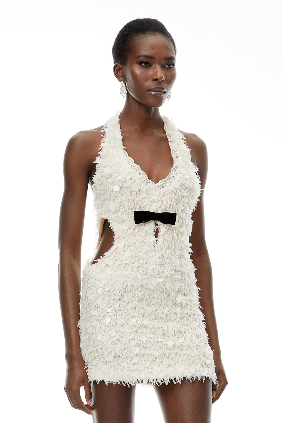 Maite Neutral Halterneck Mini Dress with Fringe (Final Sale)