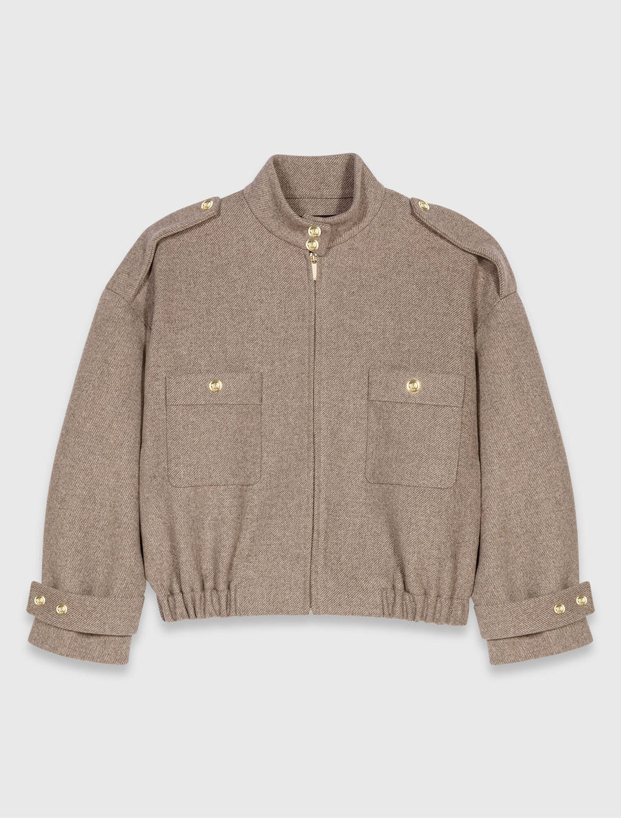 MADDY VIVIENNE BEIGE MIXED WOOL OVERSIZED JACKET WITH HIGH COLLAR AND GOLD BUTTONED FINISHES - BEIGE