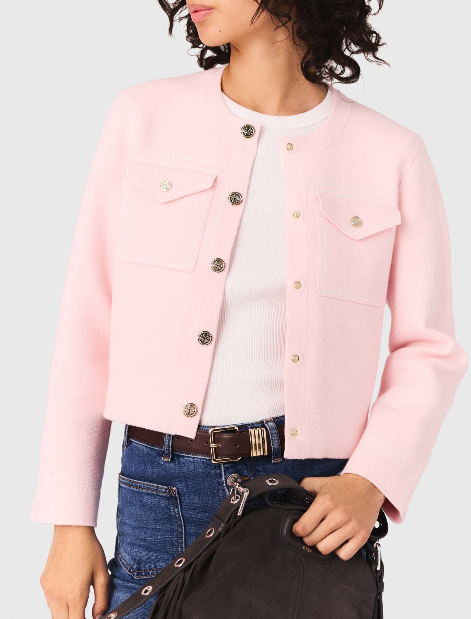 MADDY PINK TOPSTITCHED CROPPED CARDIGAN WITH PATCH POCKETS AND GOLD BUTTONS - PINK
