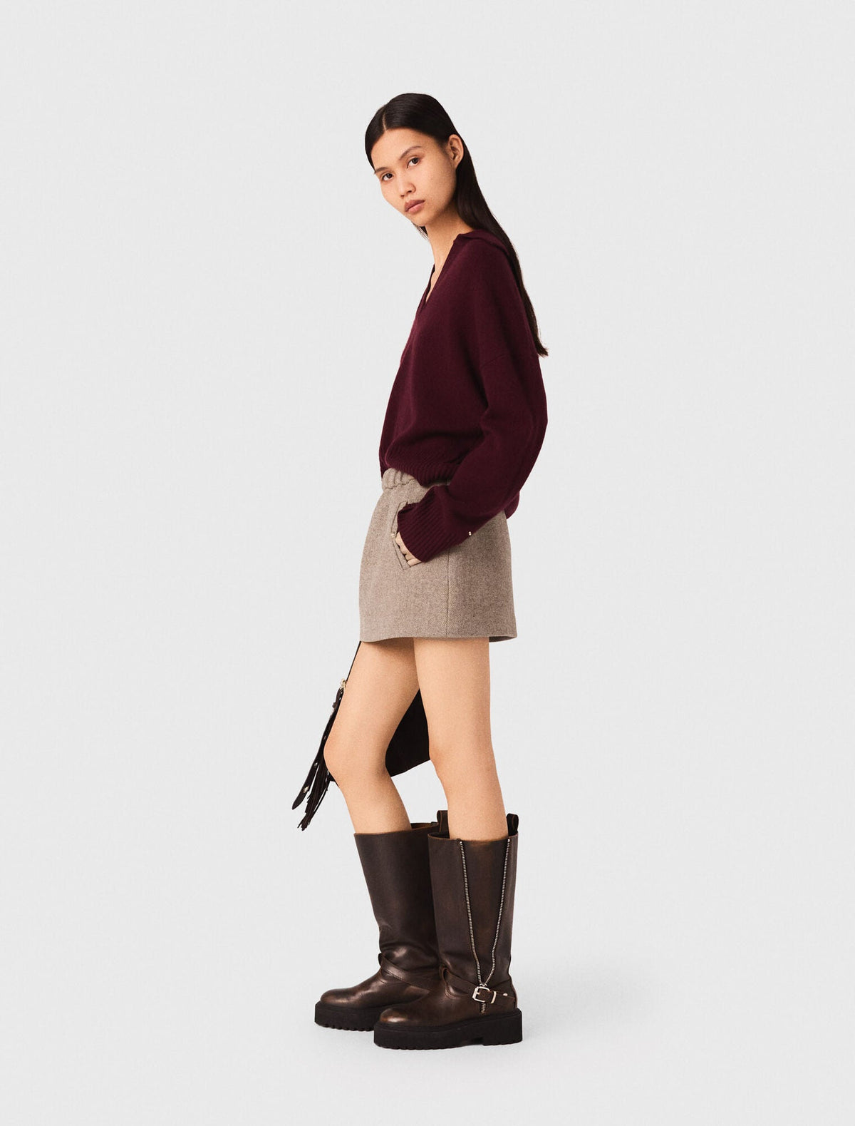 MADDY VIVIENNE BEIGE MIXED WOOL MINI SKIRT WITH FLAP POCKETS AND GOLD BUTTONS - BEIGE