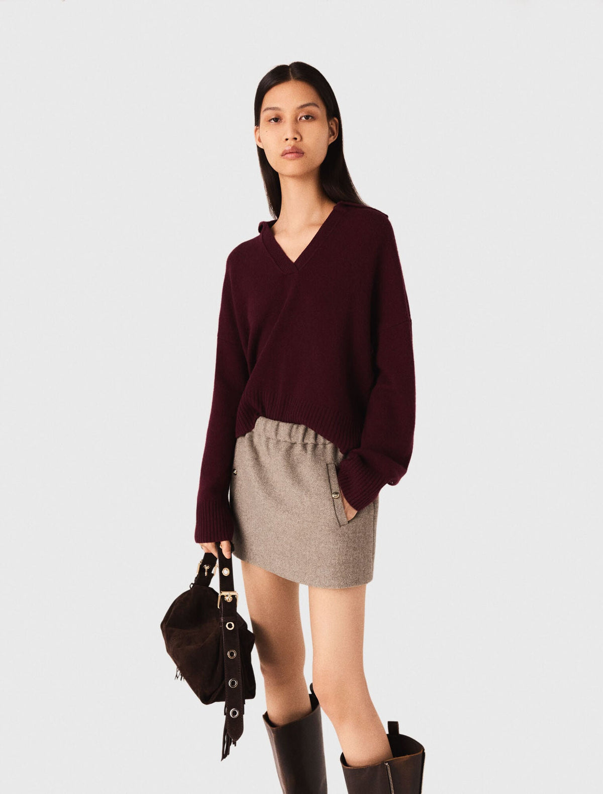 MADDY VIVIENNE BEIGE MIXED WOOL MINI SKIRT WITH FLAP POCKETS AND GOLD BUTTONS - BEIGE