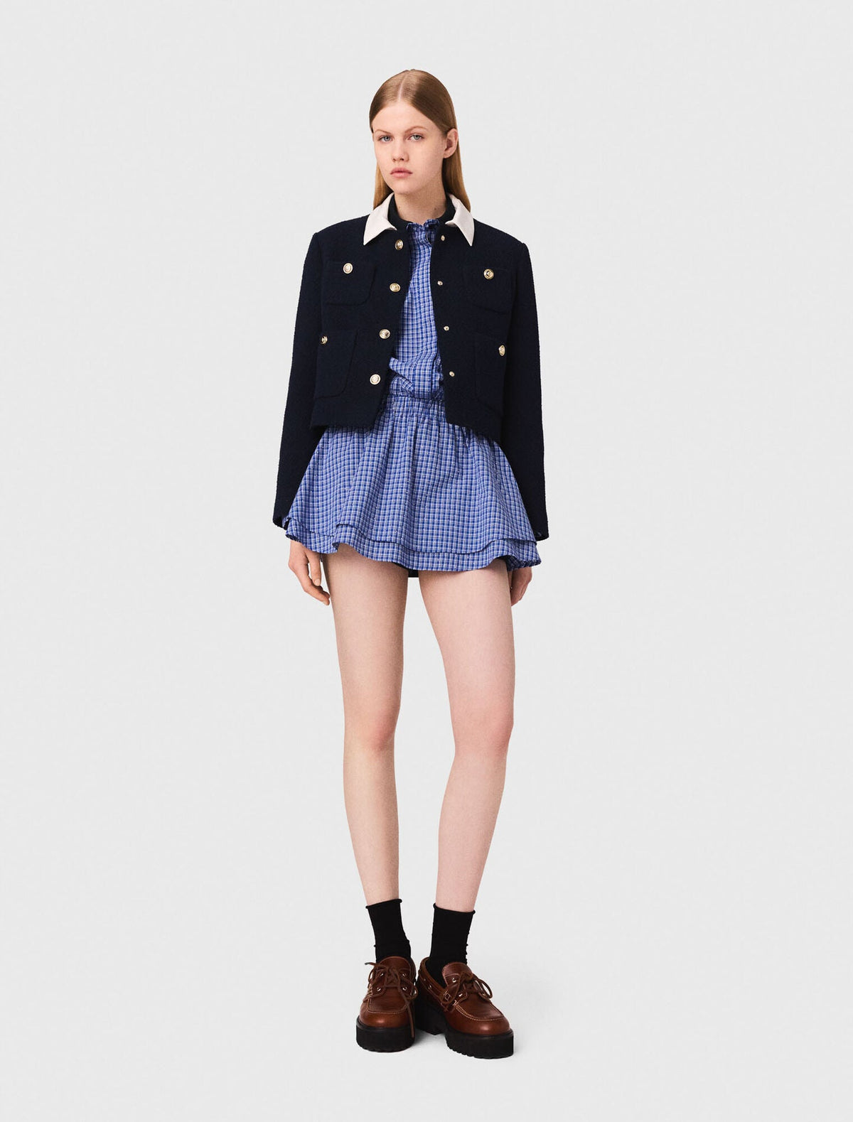 MADDY ELLIOT NAVY CROPPED TWEED JACKET WITH REMOVABLE CONTRAST COLLAR AND GOLD BUTTONS - NAVY