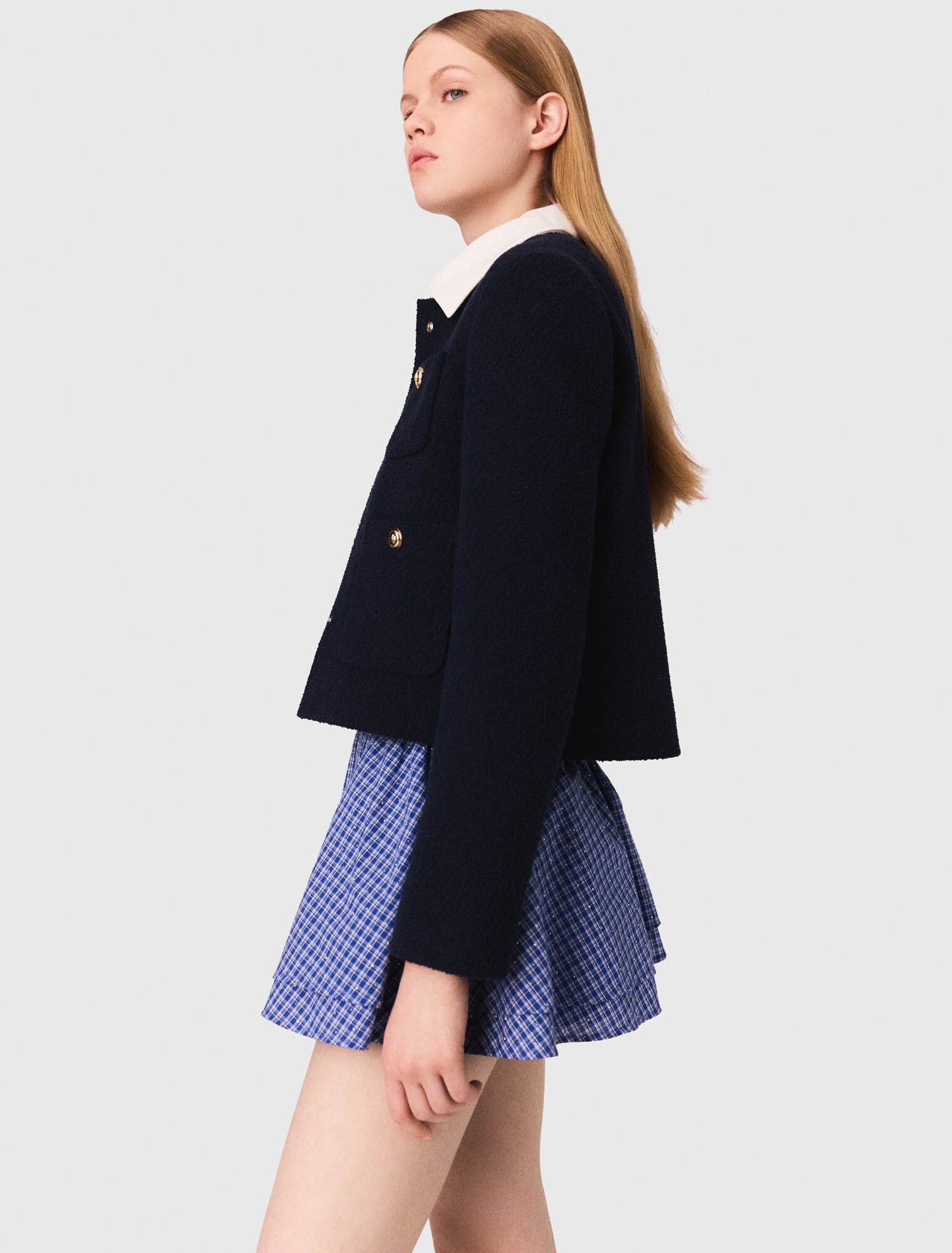 MADDY ELLIOT NAVY CROPPED TWEED JACKET WITH REMOVABLE CONTRAST COLLAR AND GOLD BUTTONS - NAVY