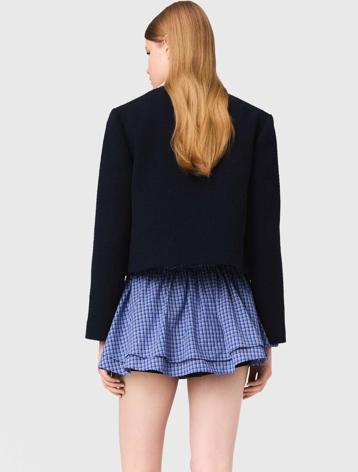 MADDY ELLIOT NAVY CROPPED TWEED JACKET WITH REMOVABLE CONTRAST COLLAR AND GOLD BUTTONS - NAVY