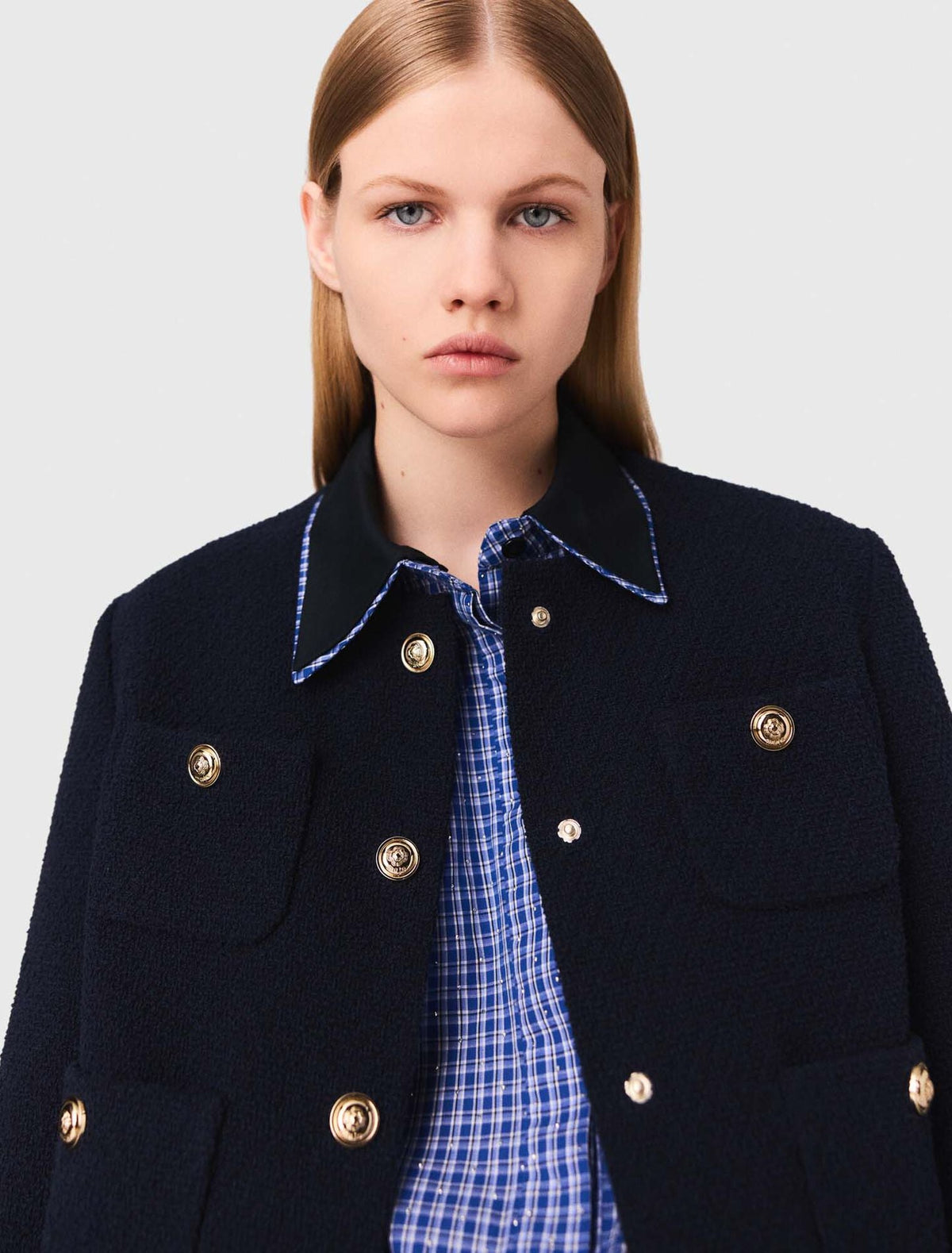 MADDY ELLIOT NAVY CROPPED TWEED JACKET WITH REMOVABLE CONTRAST COLLAR AND GOLD BUTTONS - NAVY