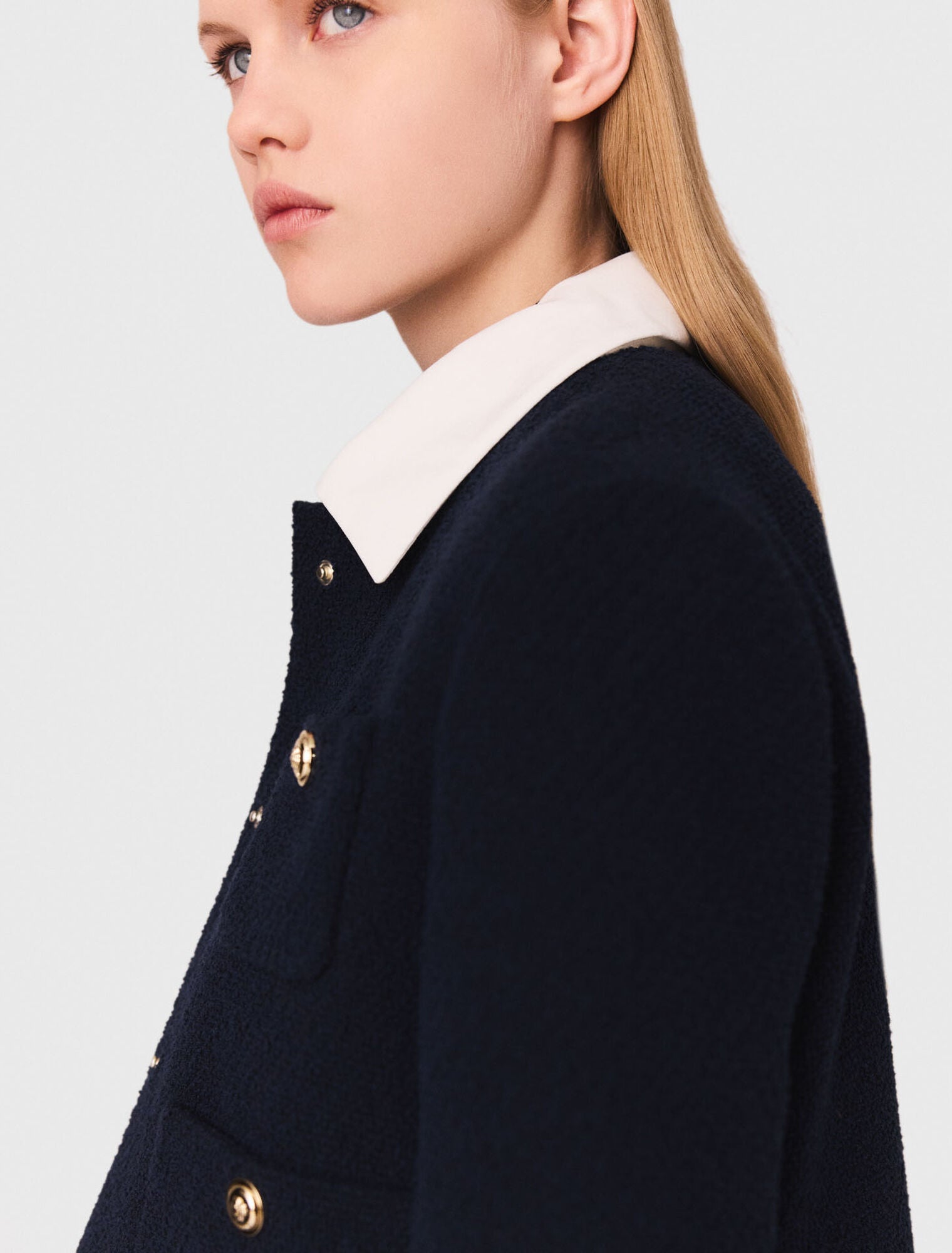 MADDY ELLIOT NAVY CROPPED TWEED JACKET WITH REMOVABLE CONTRAST COLLAR AND GOLD BUTTONS - NAVY
