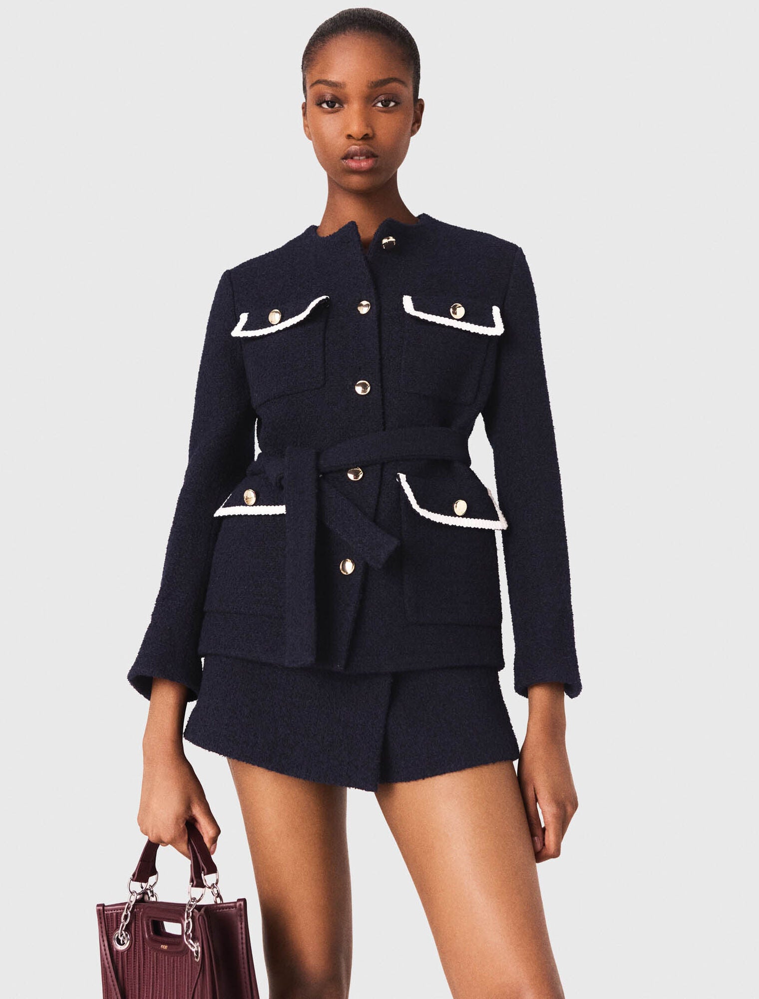 MADDY ARIA 4-POCKET NAVY CROPPED TWEED JACKET WITH GOLD BUTTONS - NAVY