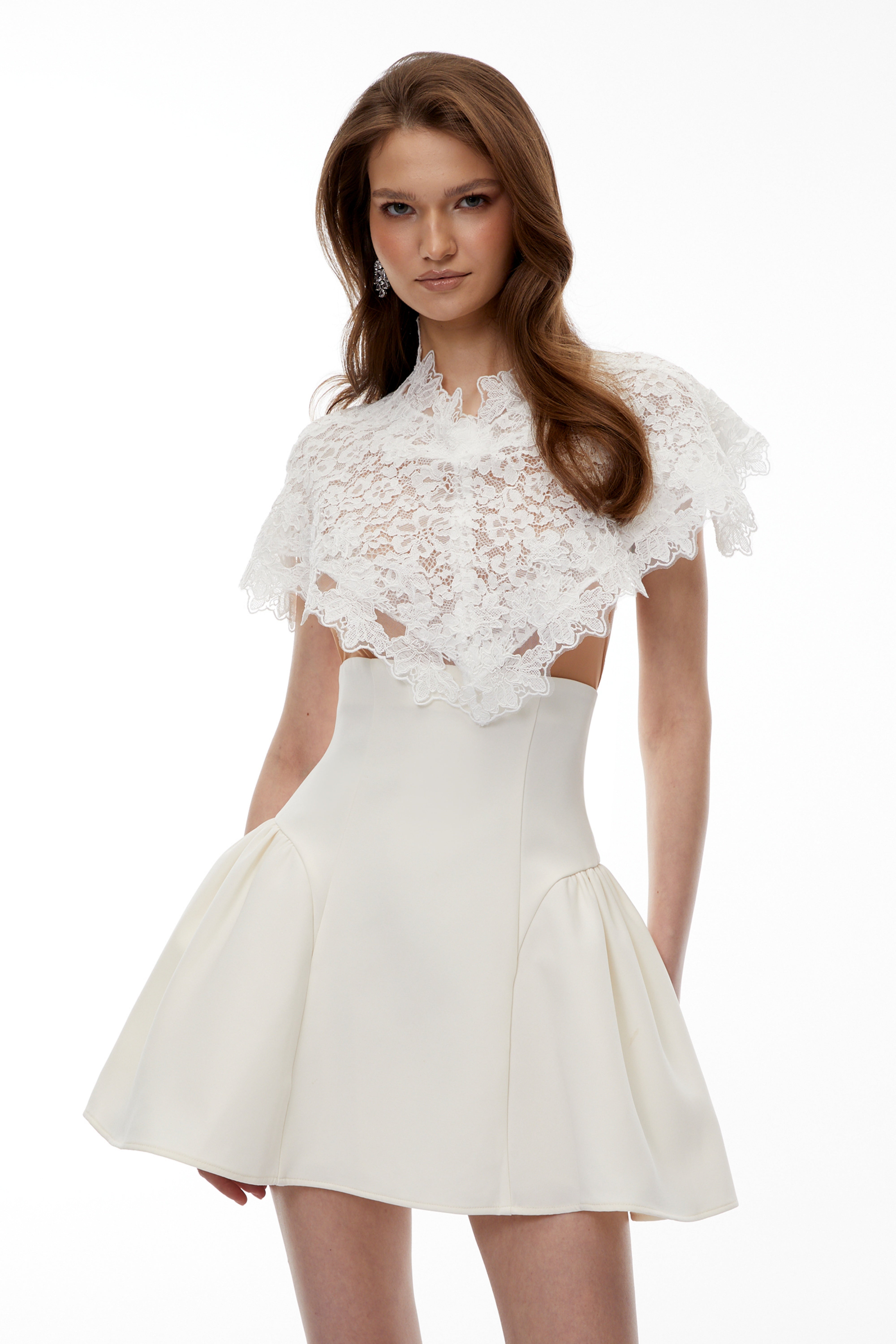 Mandana White Lace Mini Dress with Cape