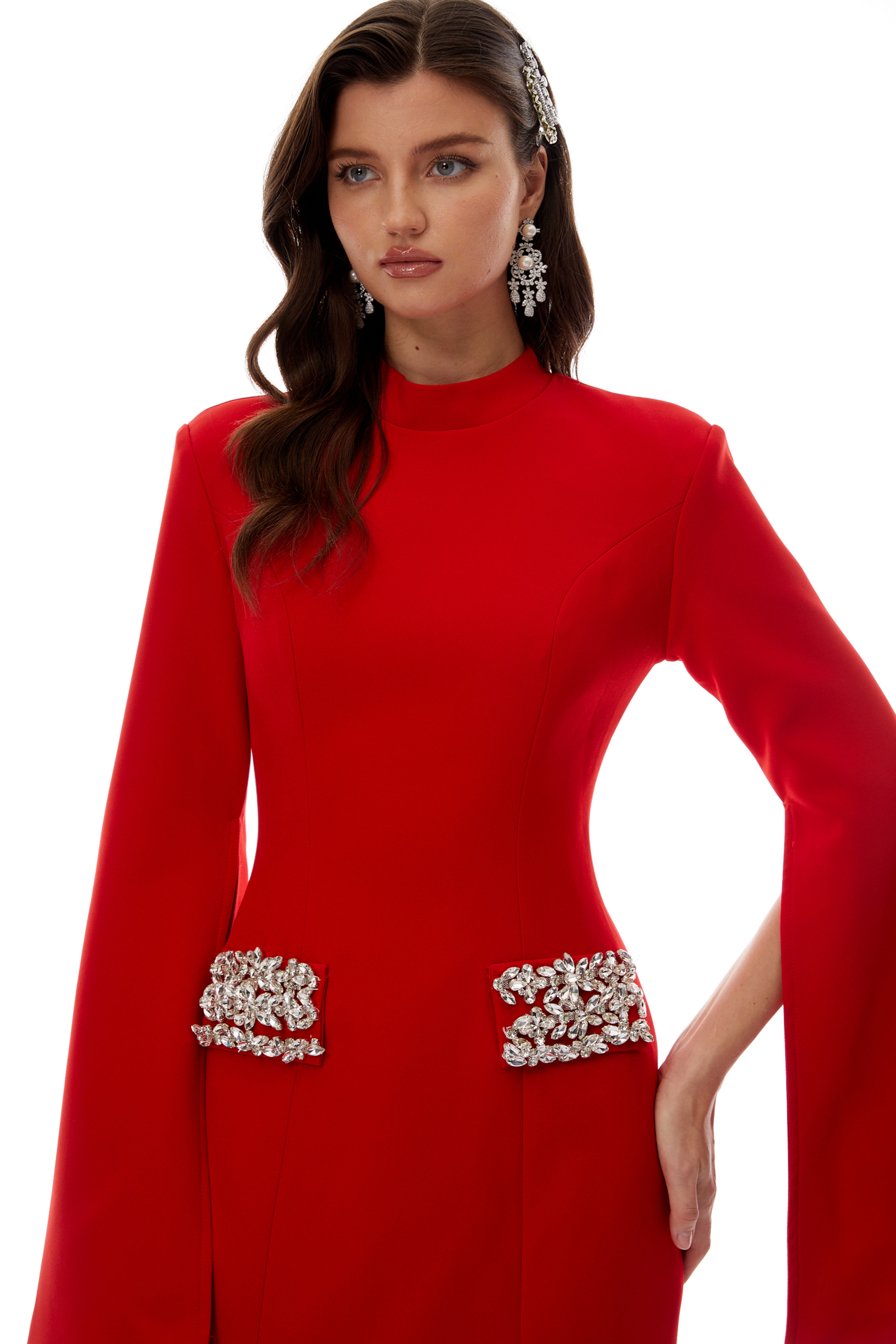 Manon Red Mock Neck Embellished Mini Dress (Final Sale-US Only)