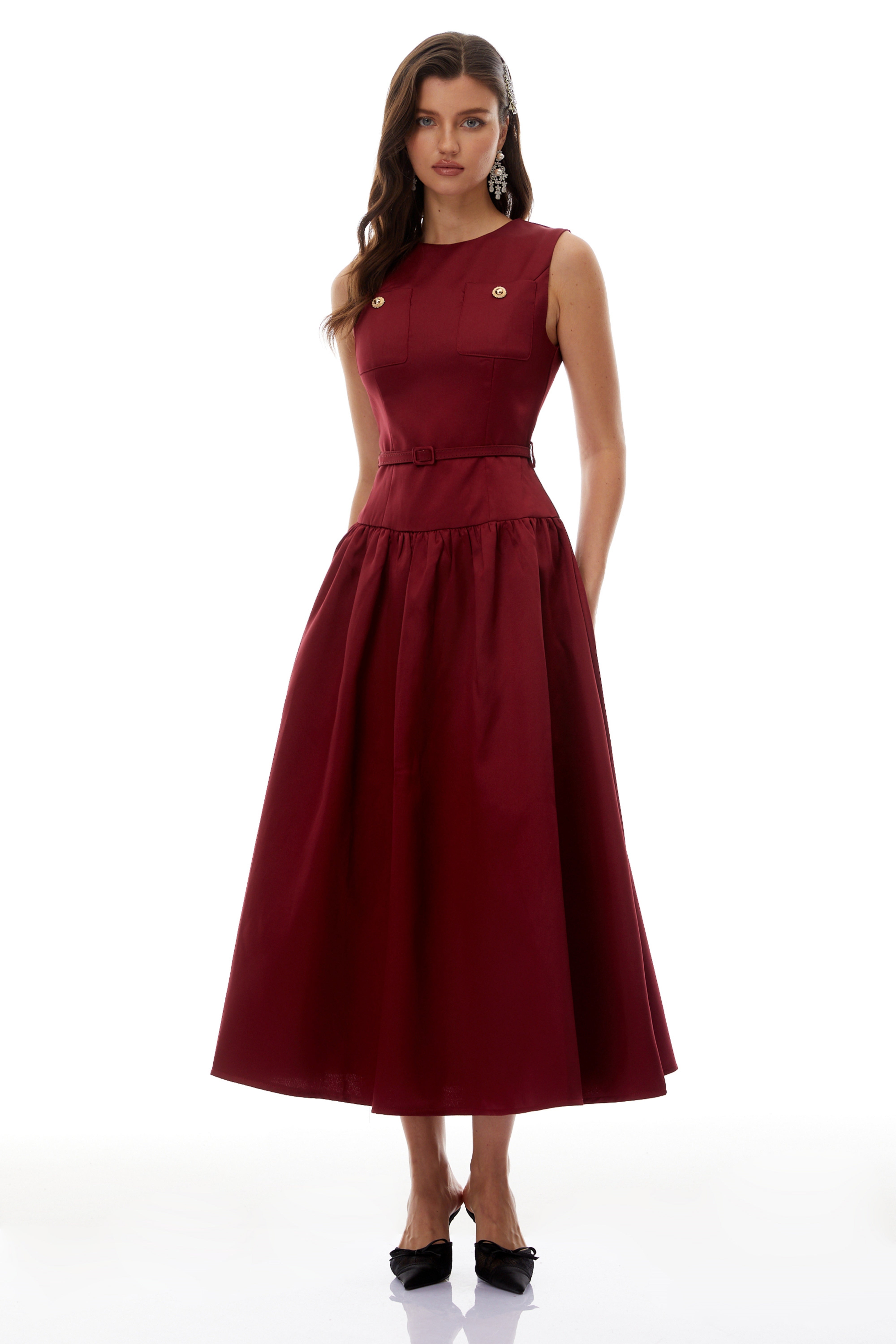 Triana Burgundy Belt Waist Satin Maxi Dress (Final Sale-US Only)