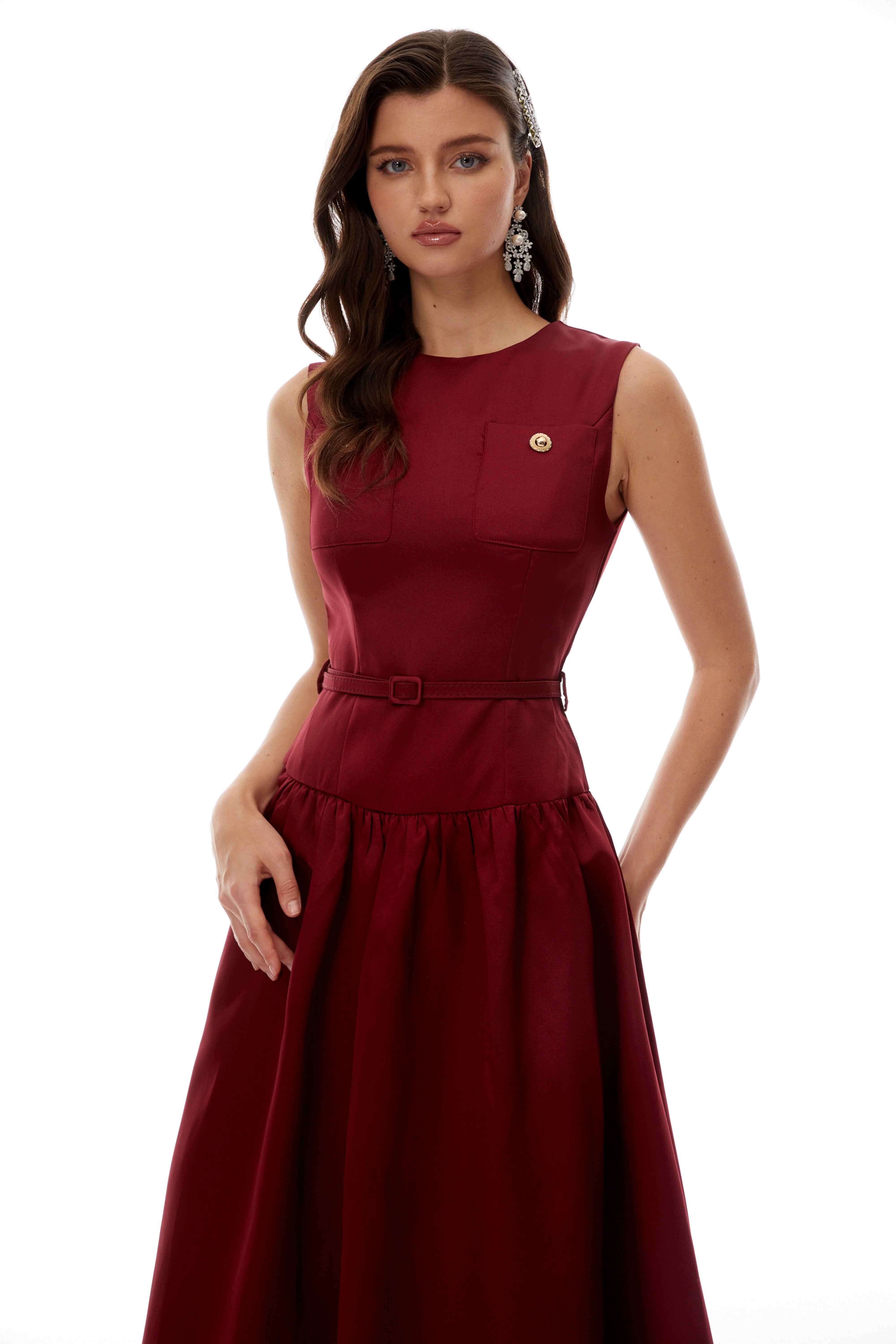 Triana Burgundy Belt Waist Satin Maxi Dress (Final Sale-US Only)