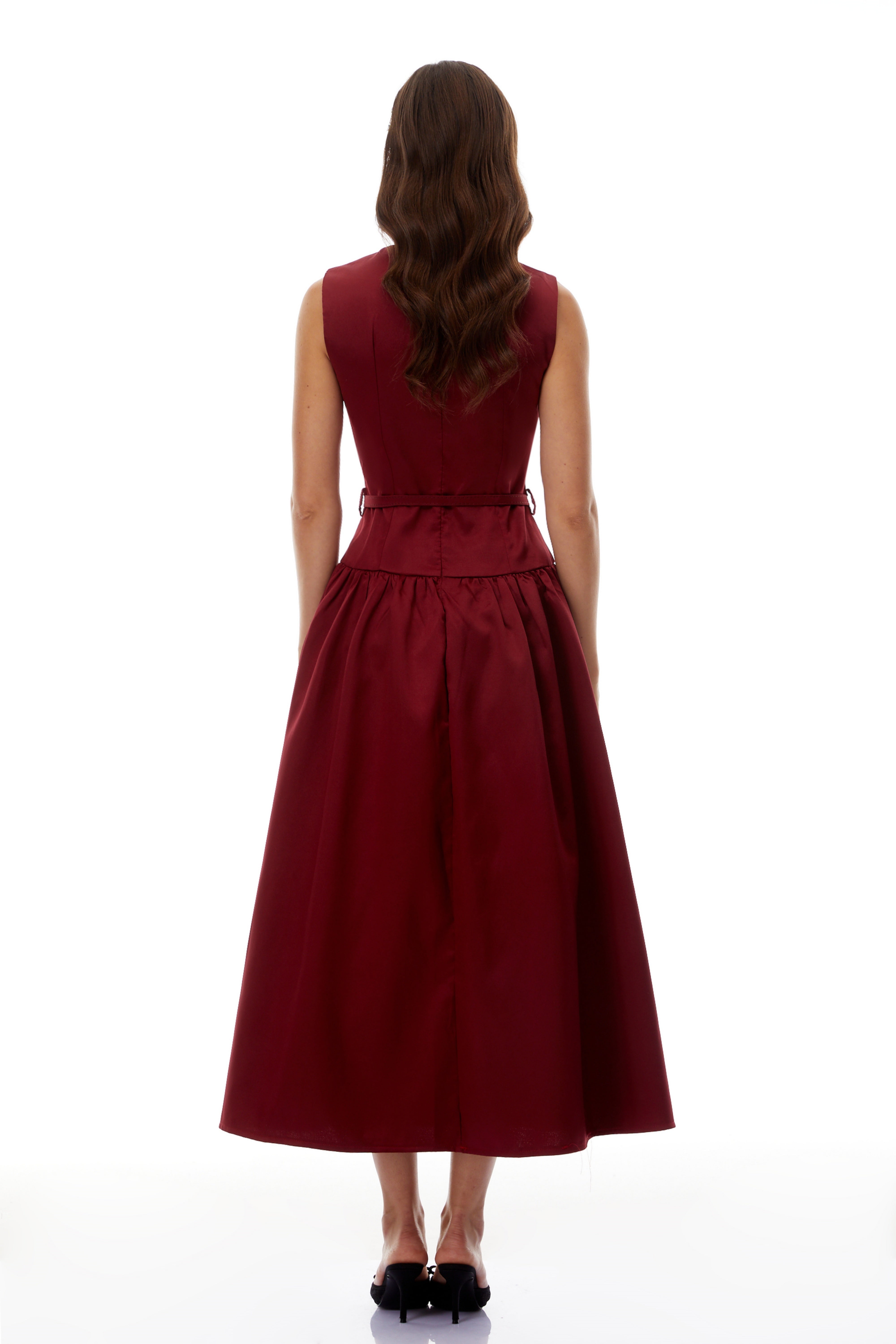 Triana Burgundy Belt Waist Satin Maxi Dress (Final Sale-US Only)