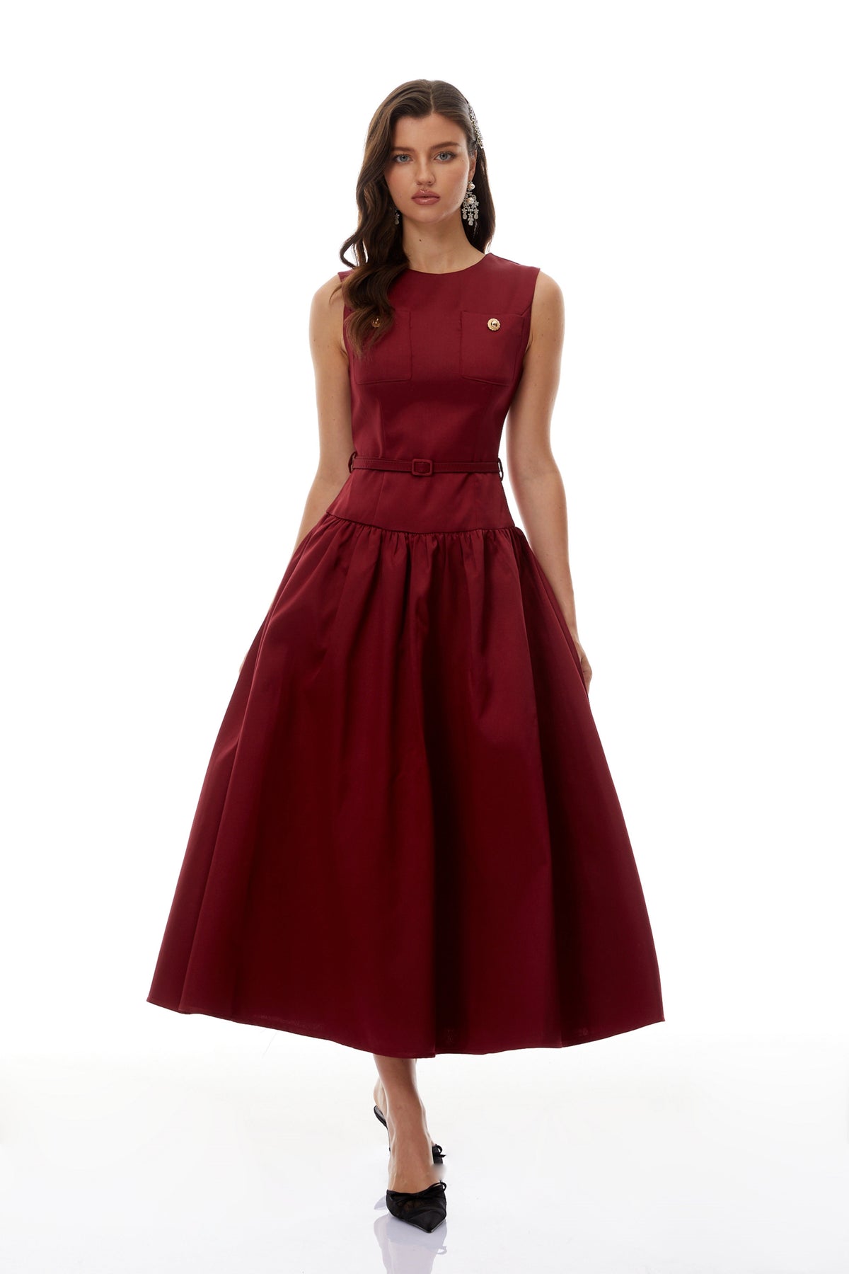 Triana Burgundy Belt Waist Satin Maxi Dress (Final Sale-US Only)