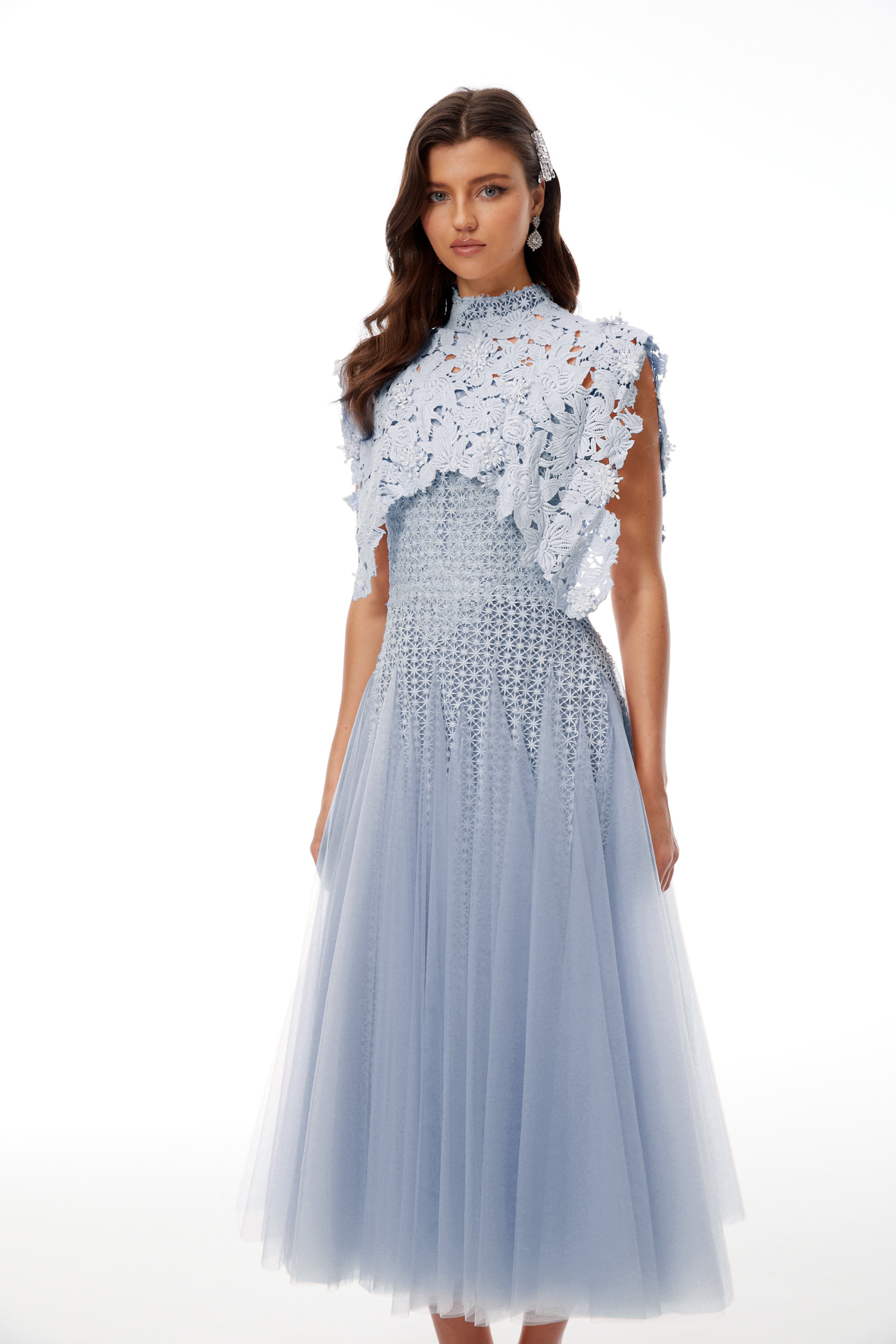 Margaret Blue Floral Crochet Midi Dress