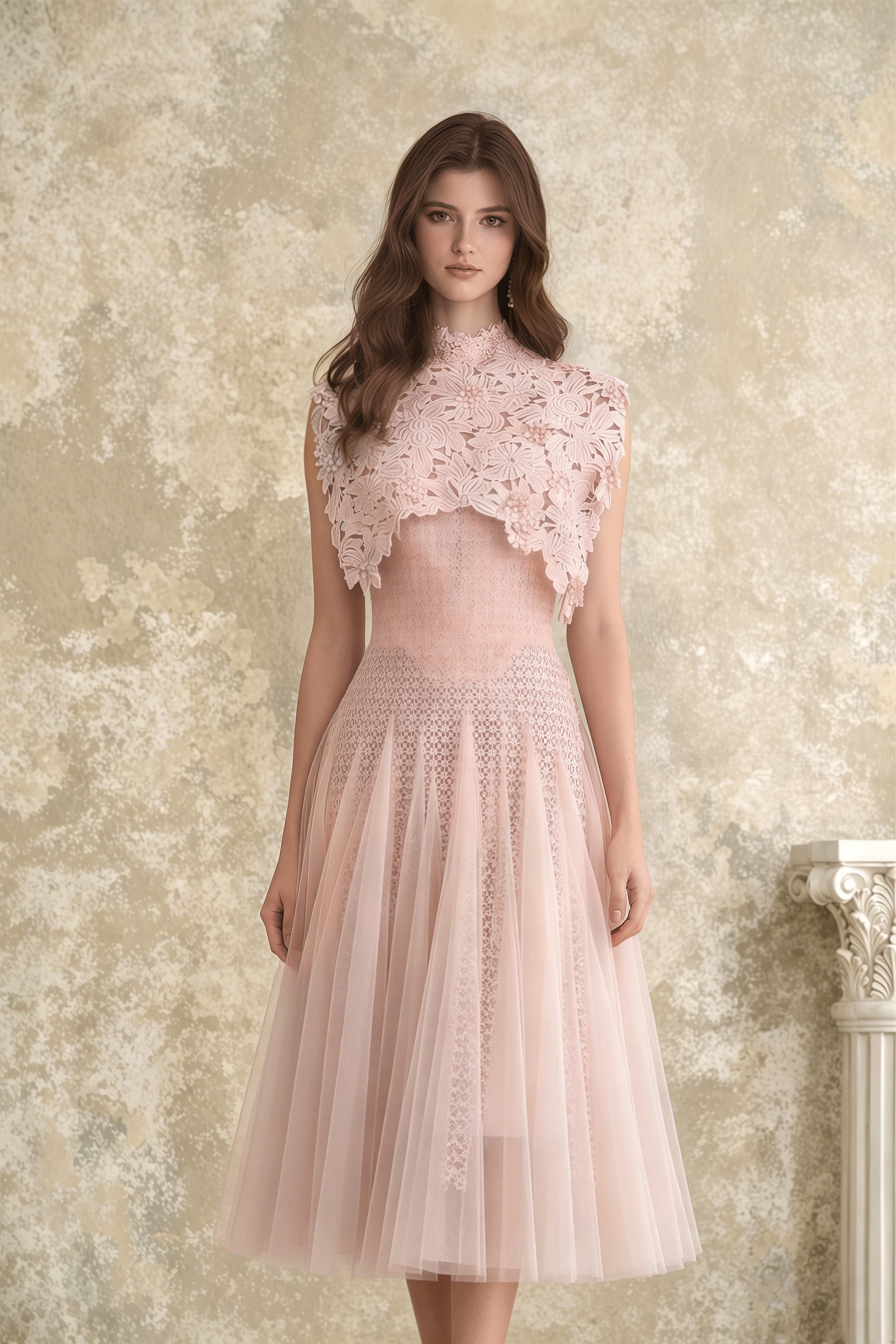 Margaret Light Pink Floral Crochet Midi Dress