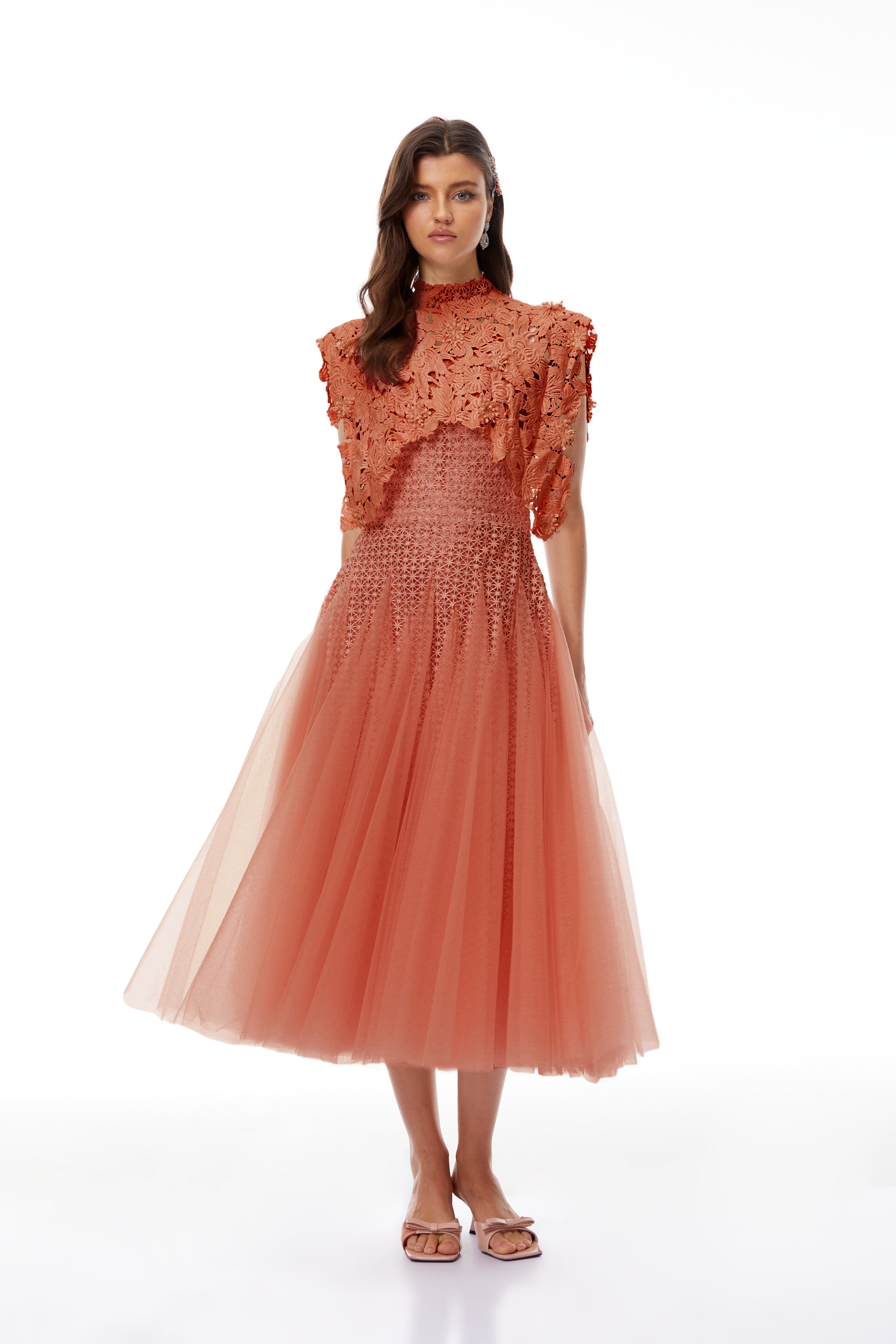 Margaret Orange Floral Crochet Midi Dress