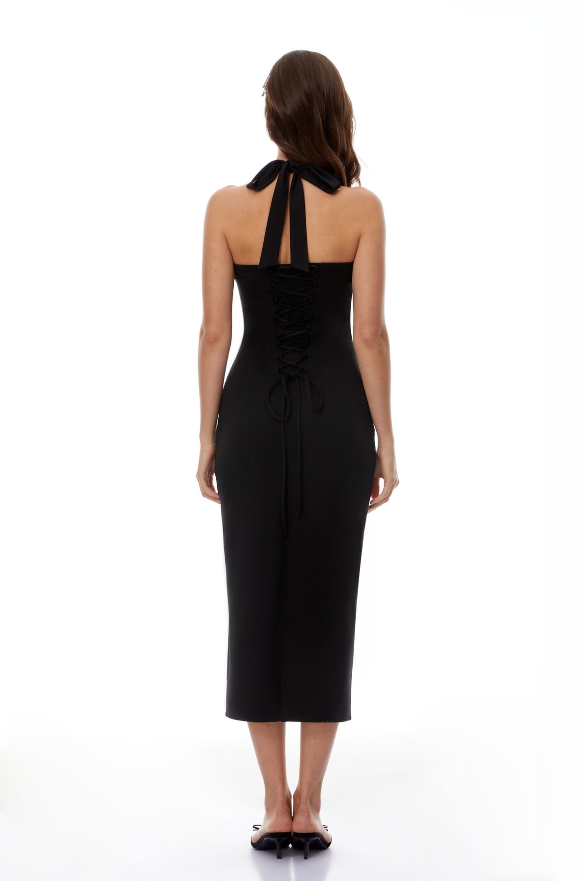 Margarete Black Halterneck Lace-Up Midi Dress