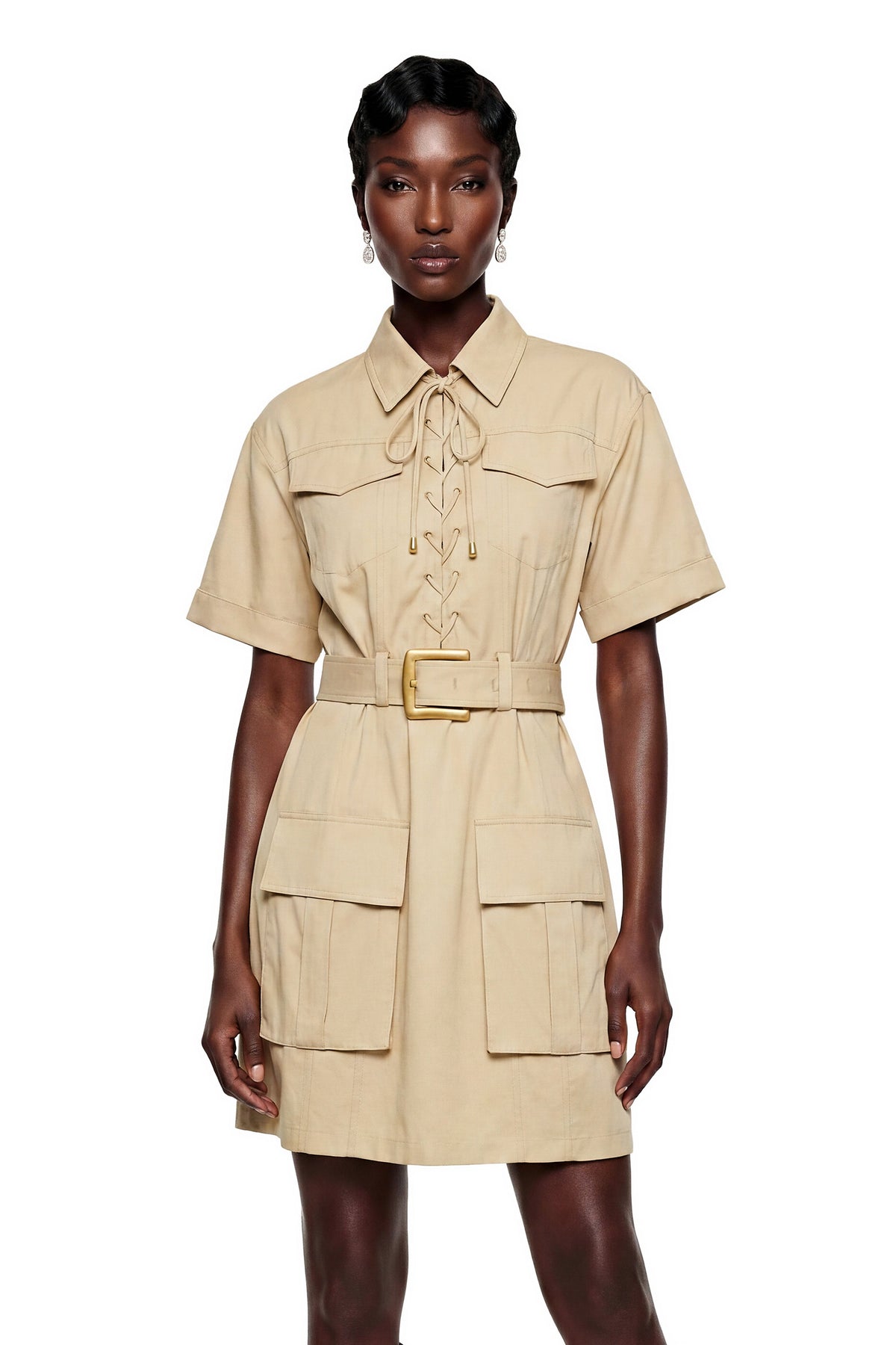Margaux Cream Short Sleeve Mini Dress with Tie-Front