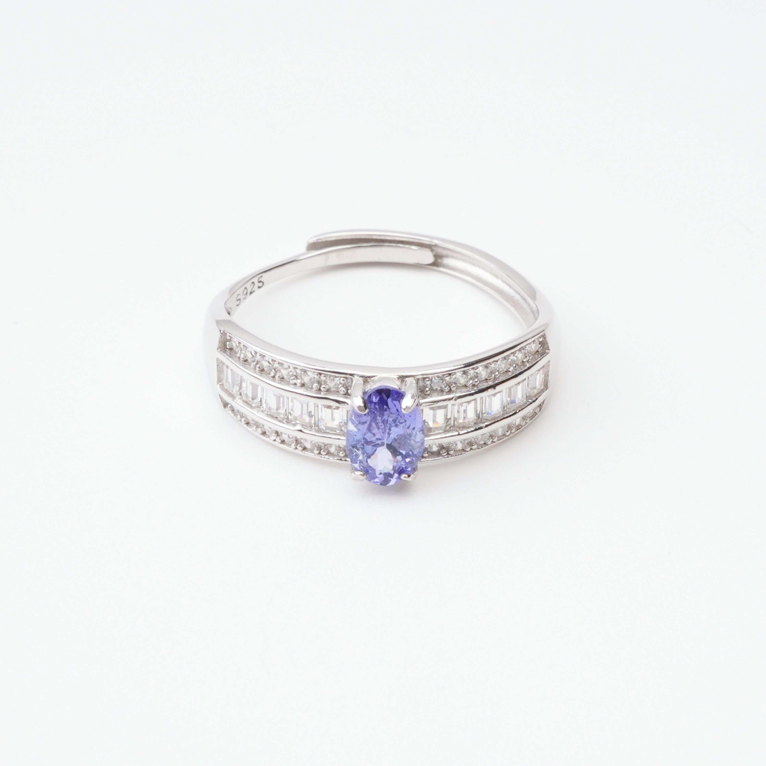 Margot Blue Tanzanite Oval Cut Baguette Pavé Crystal Sterling Silver Ring