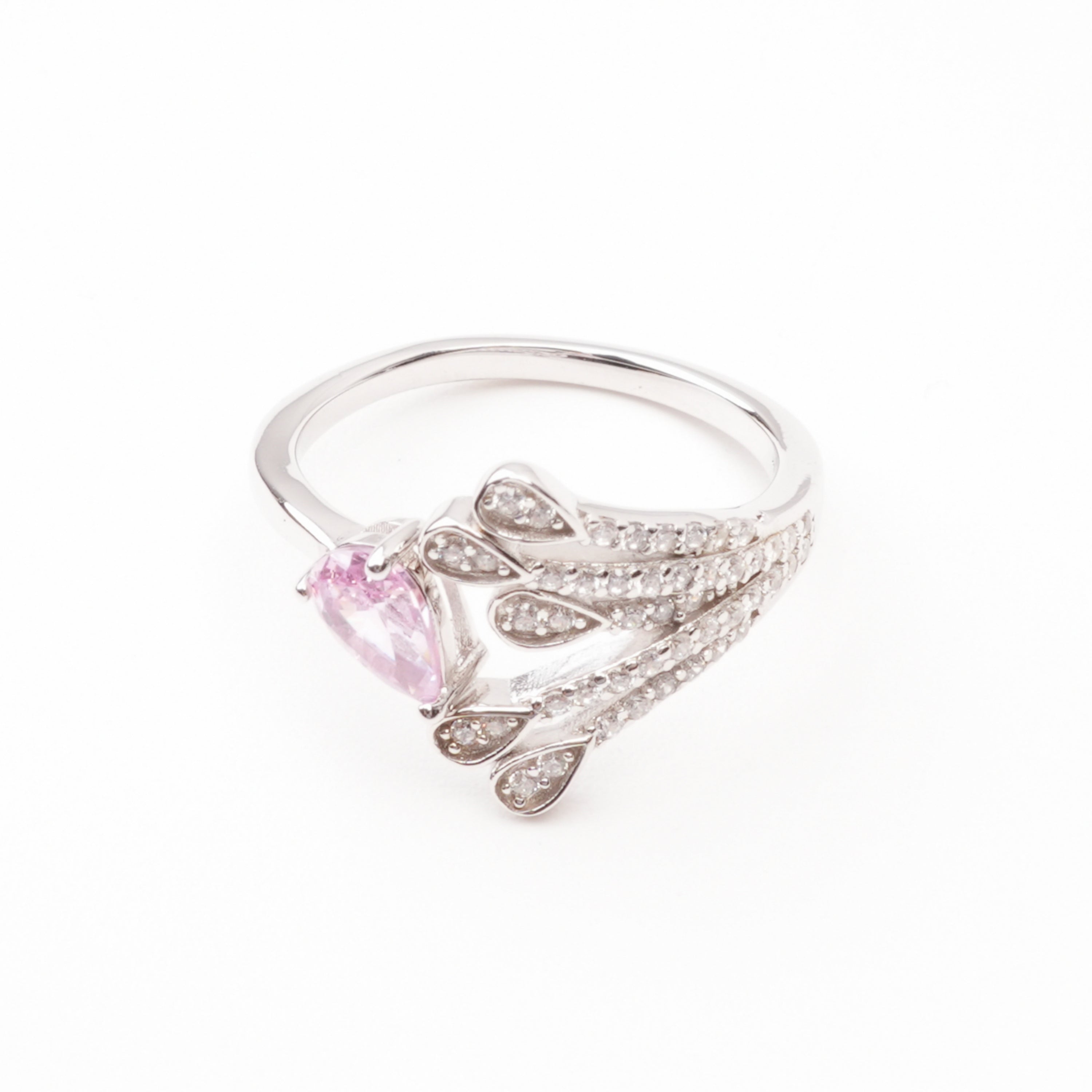Marguerite Pink Pear Cut Gemstone Feather Crystal Sterling Silver Ring