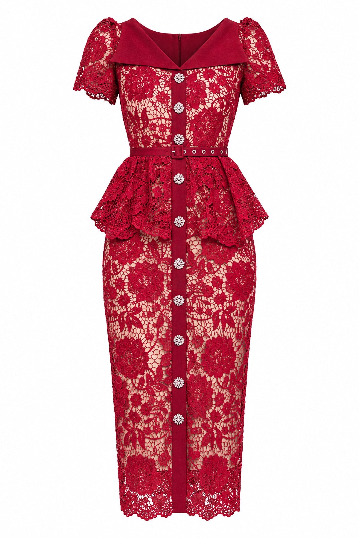 Crystal-Button Lace Peplum Midi Dress - Red