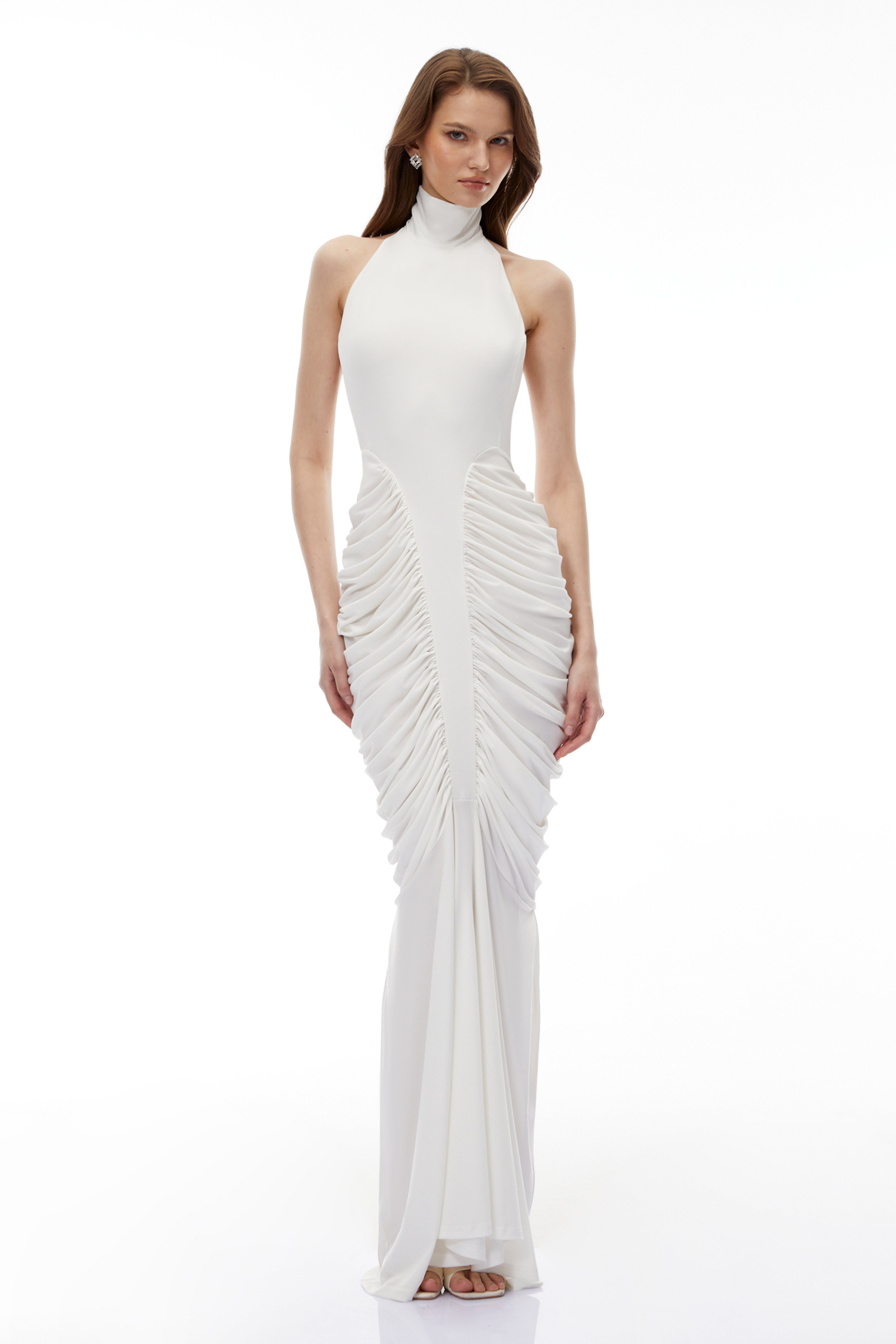 Marhuma White Backless Ruched Maxi Dress