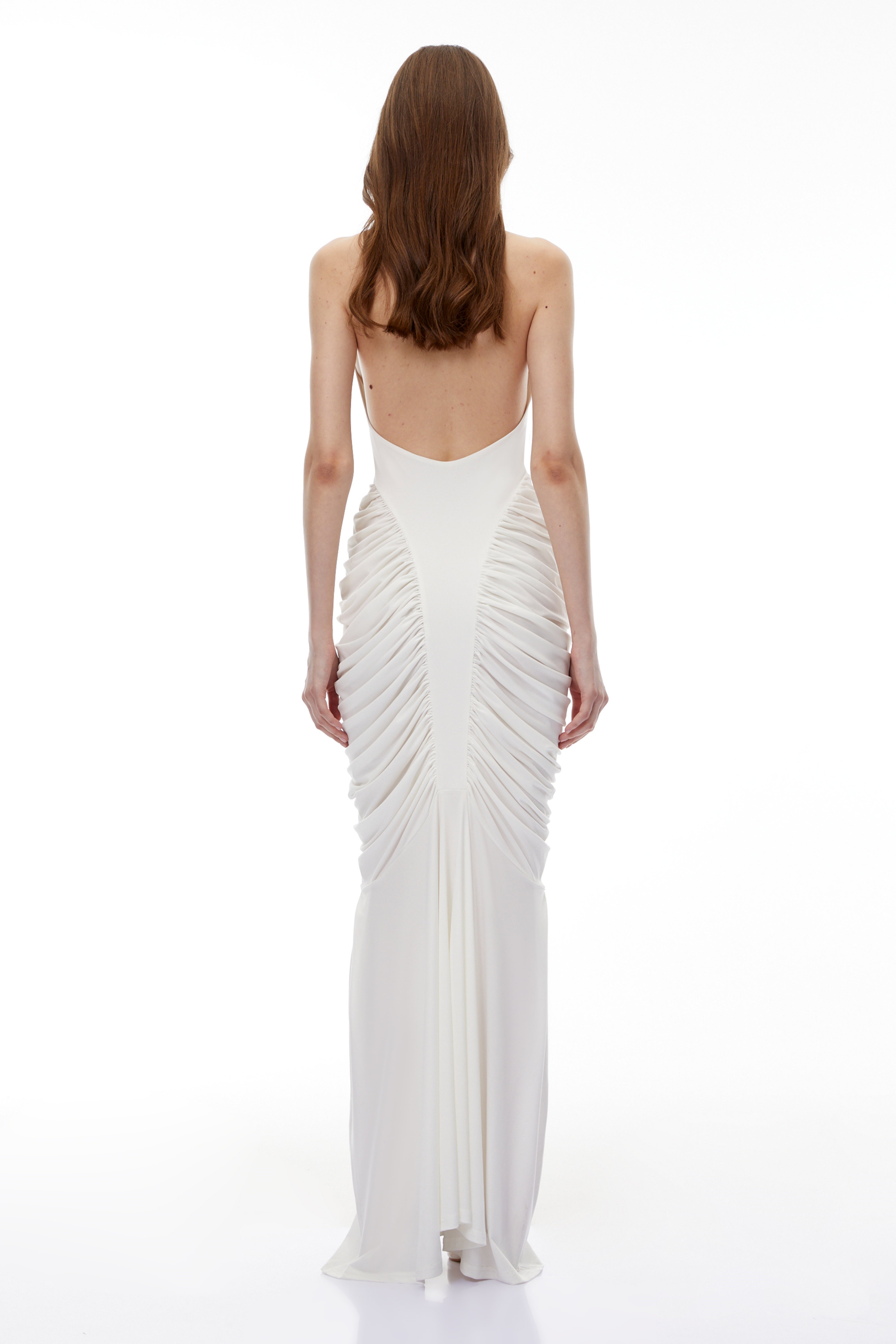 Marhuma White Backless Ruched Maxi Dress