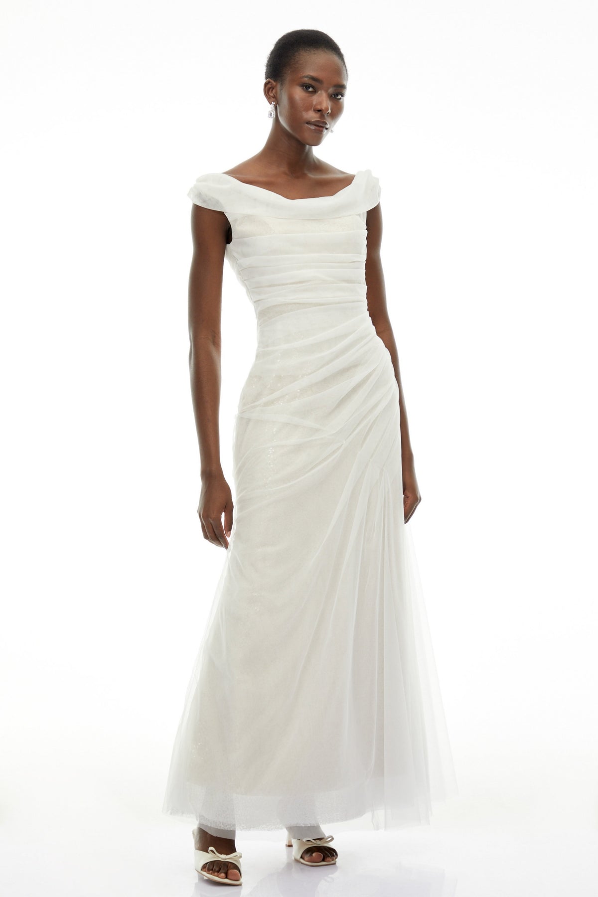 Maria White Off Shoulder Ruched Fishtail Maxi Dress