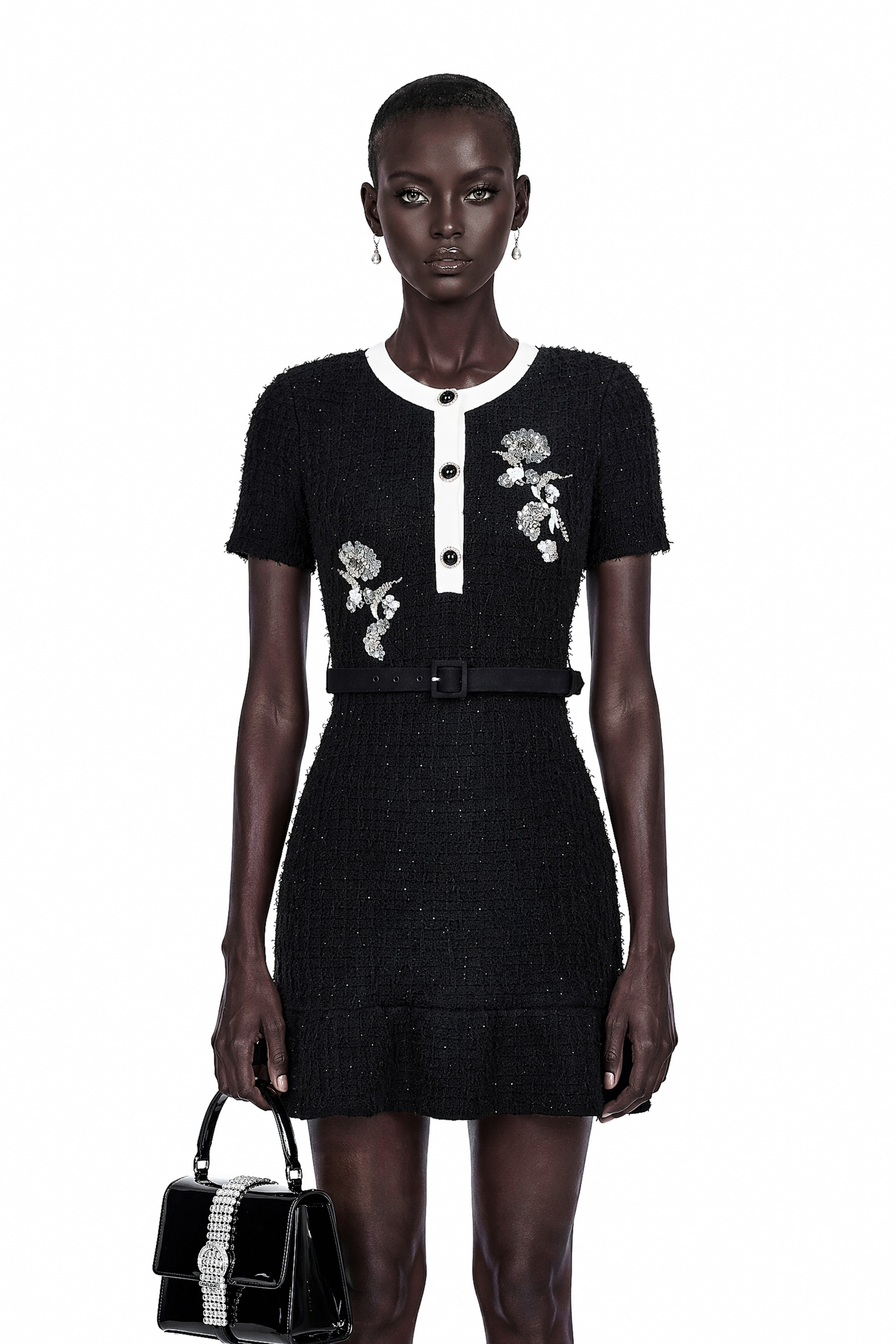 Marianne Black Sequin Embroidered Knit Mini Dress
