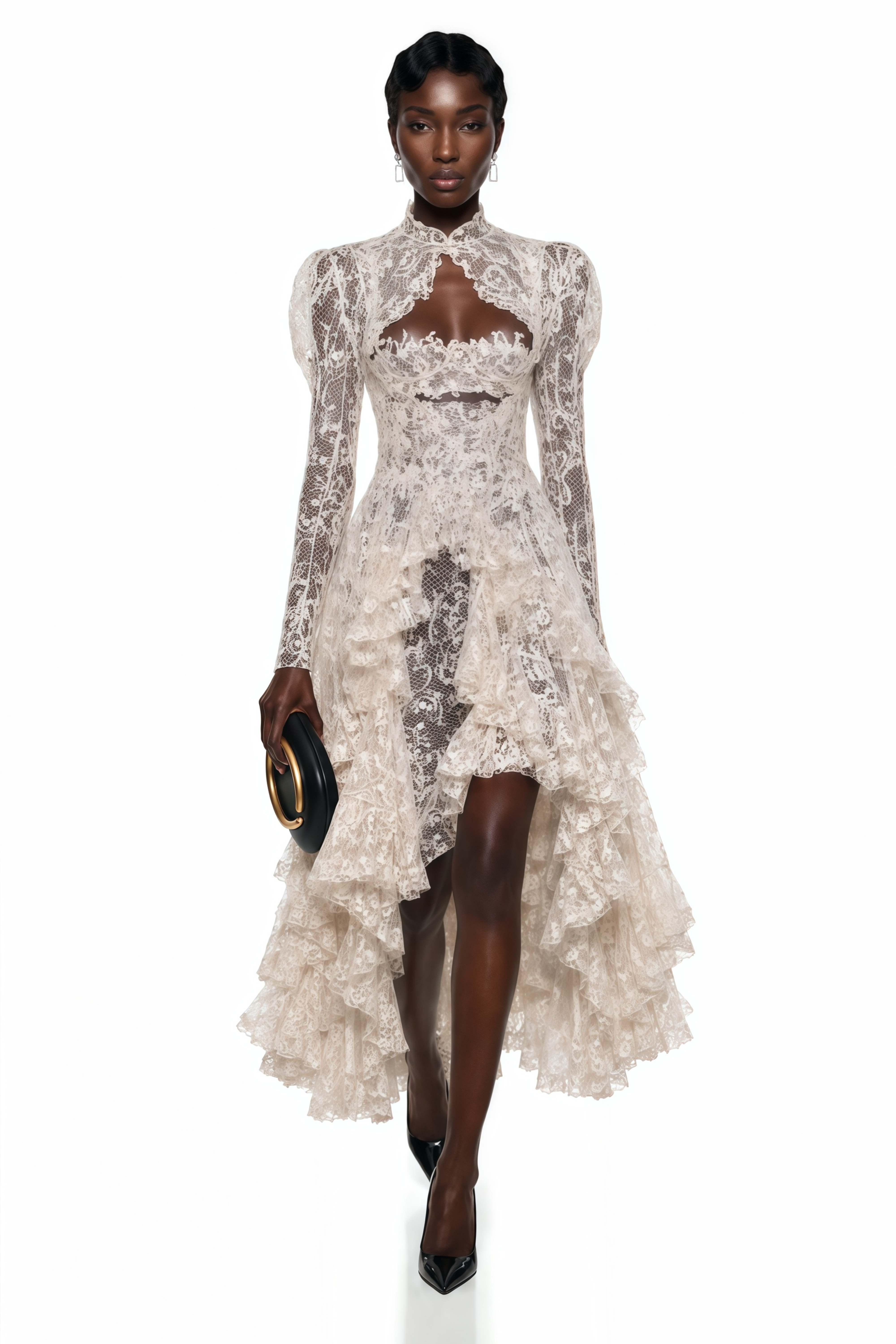 Mariella Ivory Asymmetrical Floral Lace Midi Dress