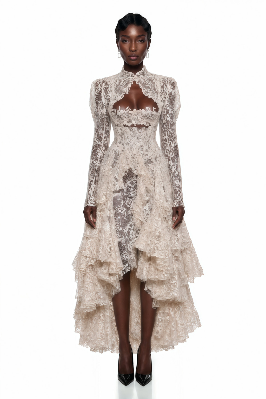 Mariella Ivory Asymmetrical Floral Lace Midi Dress