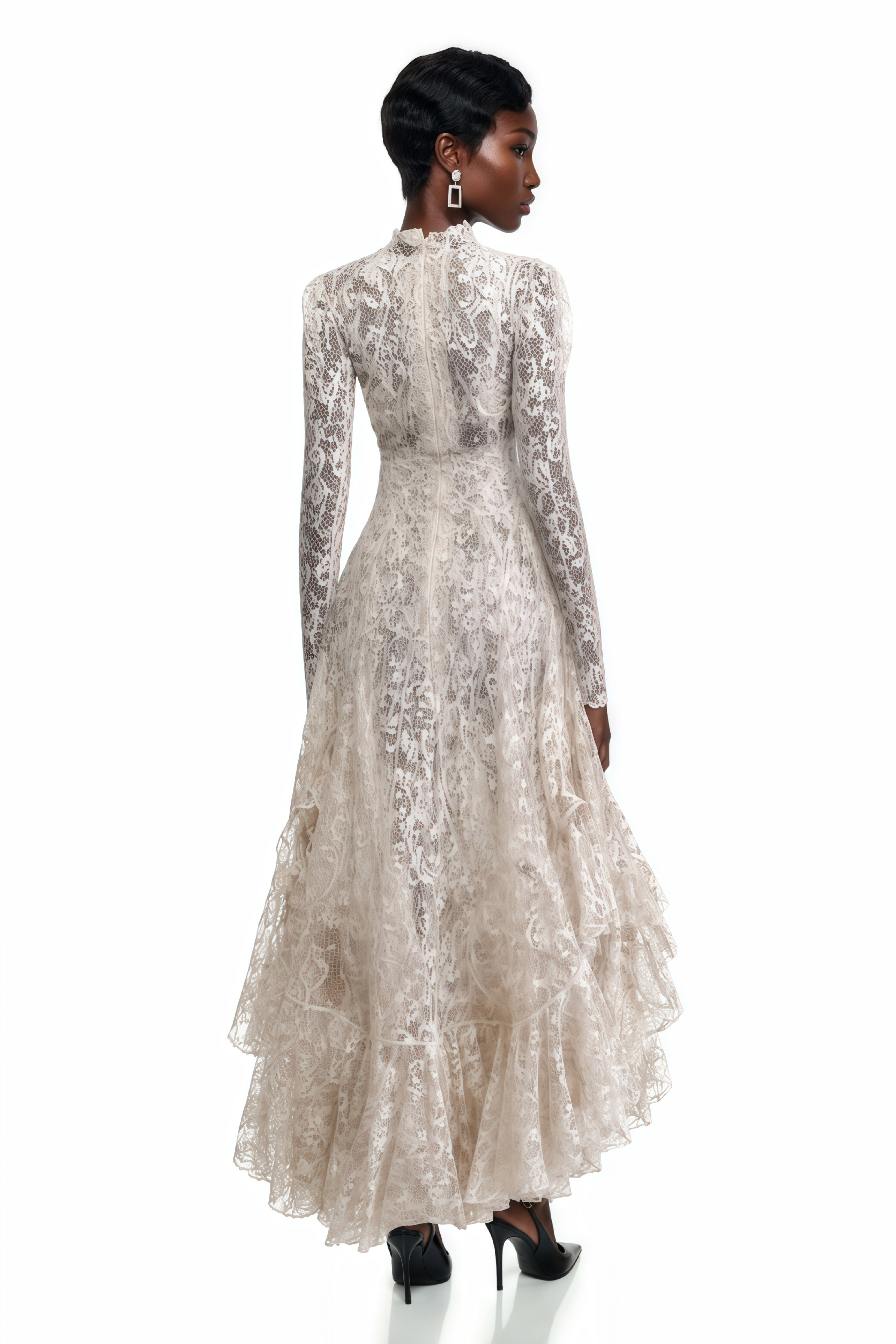 Mariella Ivory Asymmetrical Floral Lace Midi Dress